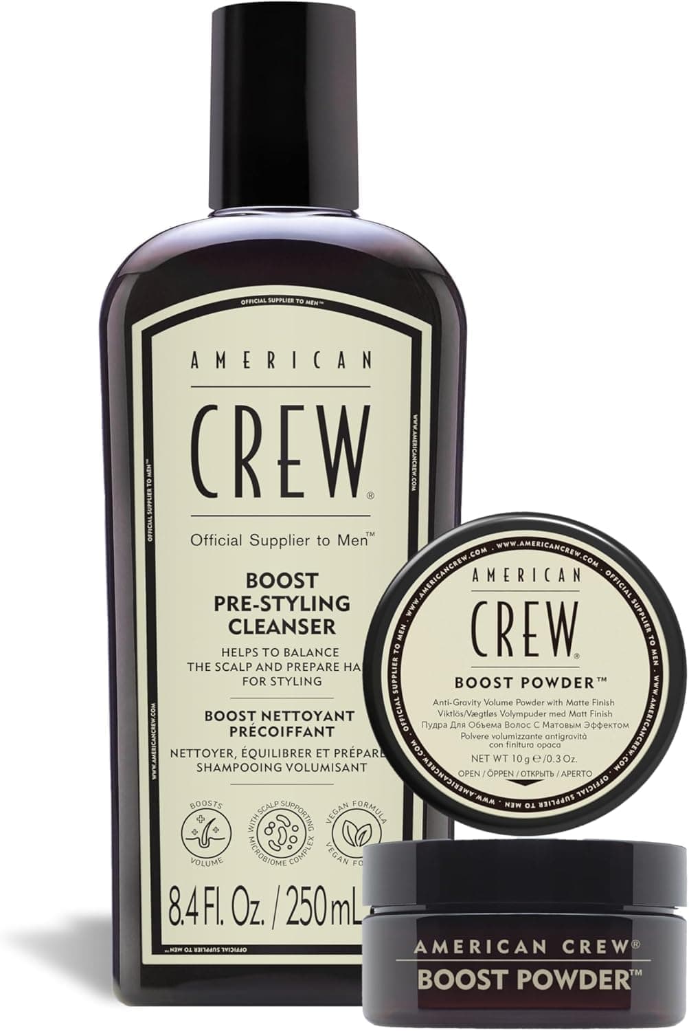 American Crew - Volume de rotina, champô Pre-Styling produto de penteado volumizador para homens 250 ml e Boost Powder pó volume para o cabelo 10 g