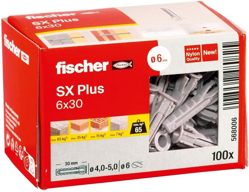 fischer 568006 - Taco de expansão SX Plus 6 x 30, caixa com 100 âncoras de nylon, âncoras para um suporte ideal ao fixar em betão, tijolo maciço, tijolo (caixa de 100 unidades)