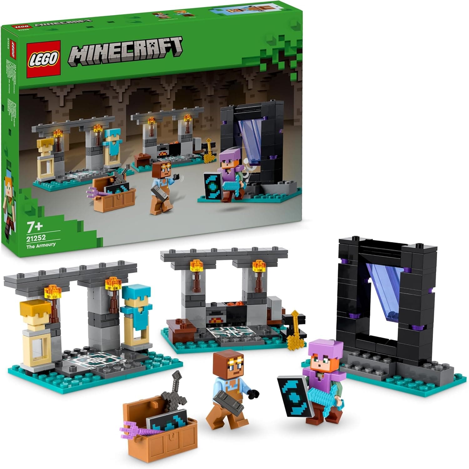 LEGO Minecraft Armaseria, brinquedo de construção de aventura e forja de armas com personagens de videojogo, minifigura de Alex, presente para meninos e meninas de 7 anos ou mais 21252