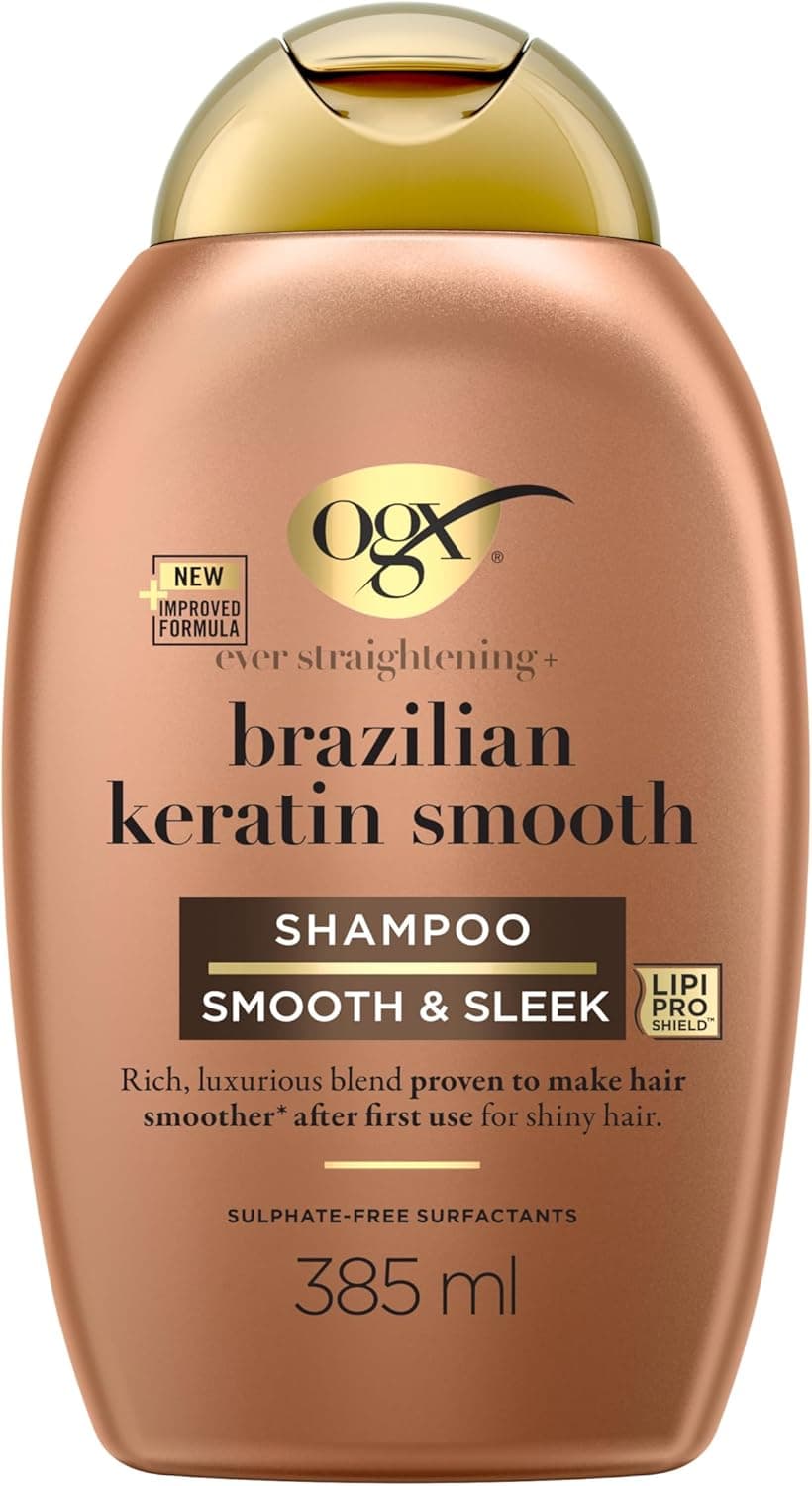 OGX Ever Straightening + Brazilian Keratin Smooth Shampoo (385 ml), shampoo alisante com proteínas de queratina, surfactantes sem sulfato, para cabelos grossos e cacheados