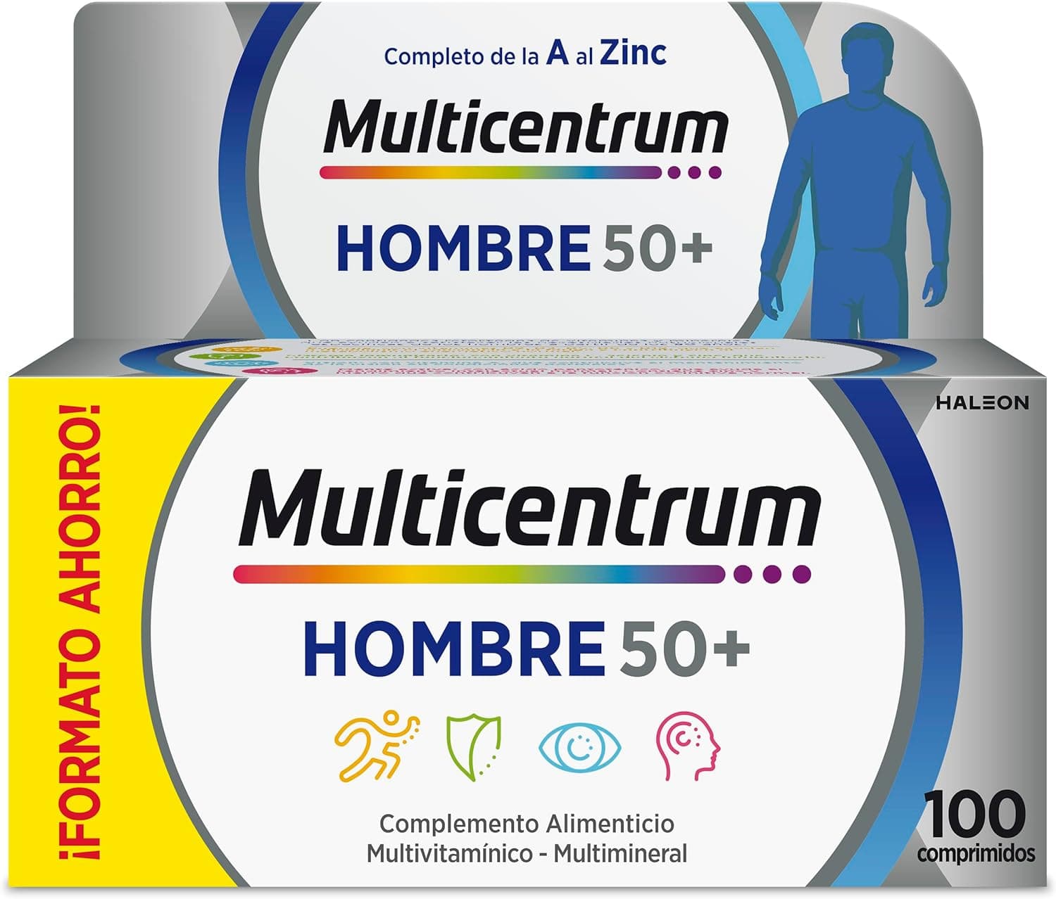 Multicentrum Homem 50+ complemento alimentar multivitamínico e multimineral para homens 50 +, com vitamina C, B, A, sem glúten, 100 comprimidos