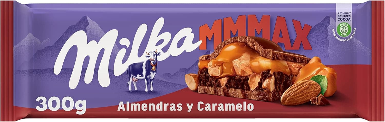 Milka MMMAX Comprimido grande de chocolate com leite dos Alpes com recheio de cacau e caramelo com pedaços de amêndoa caramelo e salgada 300 g