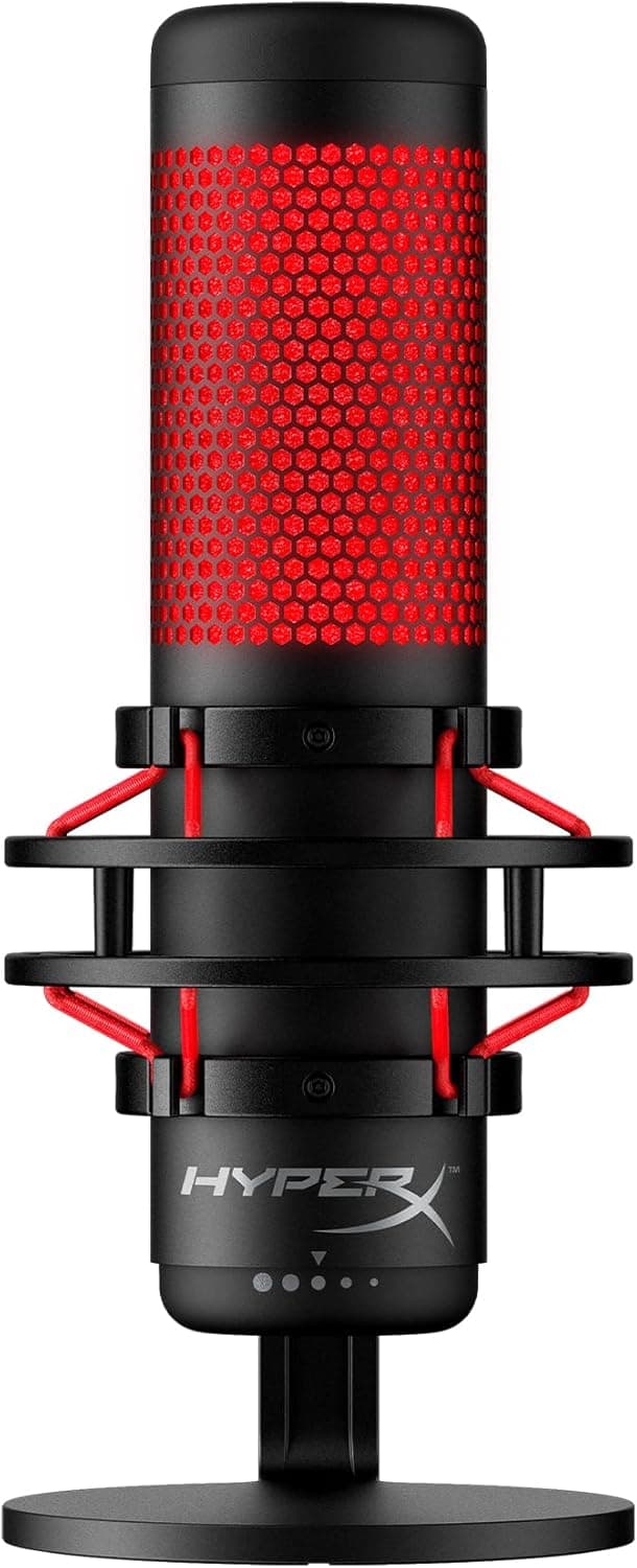HyperX QuadCast - Microfone de condensador USB, suporte de choque antivibração, quatro padrões polares, filtro pop, controlo de ganho, para PC, PS4, PS5 e Mac, preto e vermelho