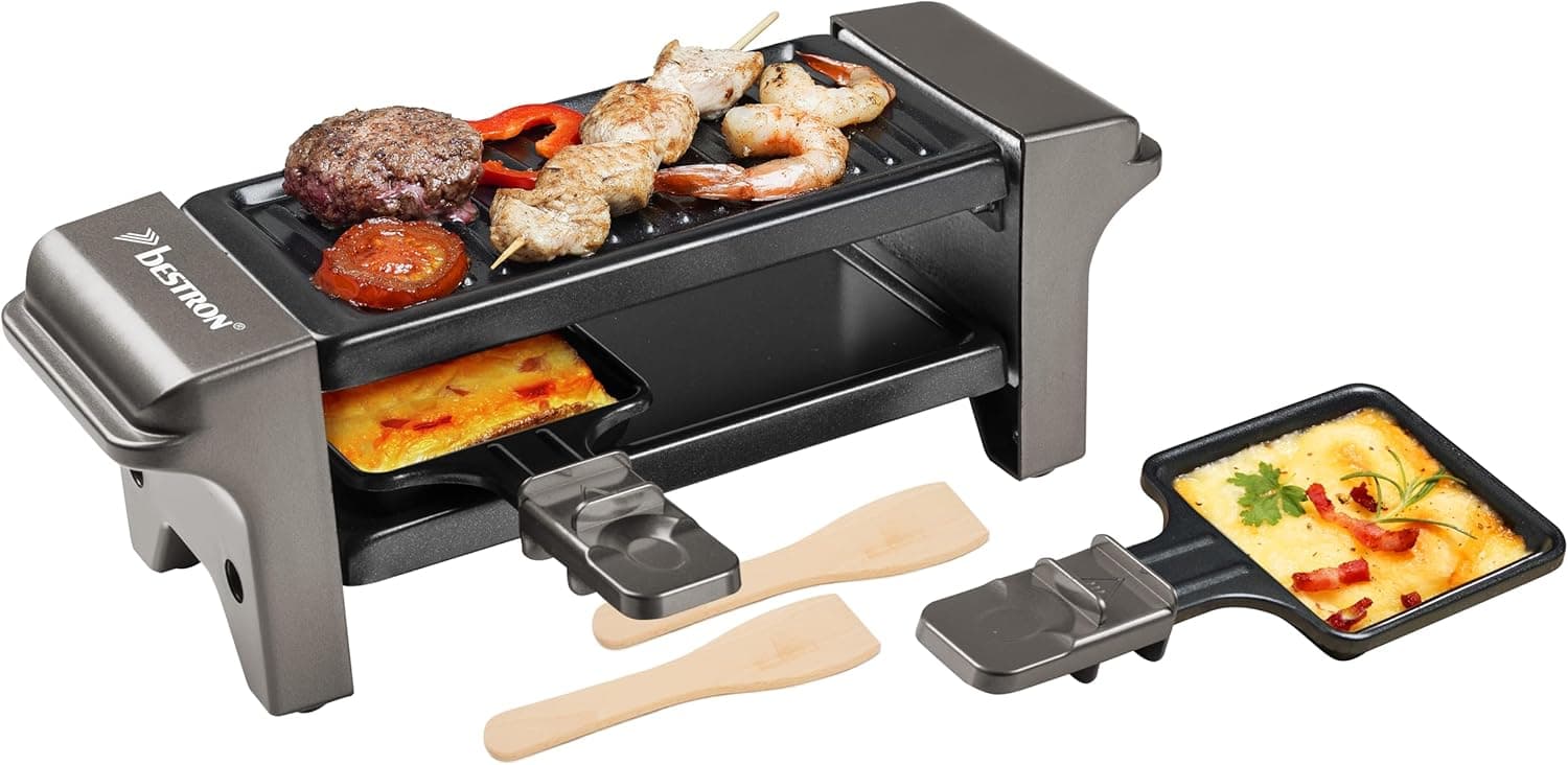 Bestron Mini Raclette, Raclette para 1-2 pessoas, mini mesa grill com 2 frigideiras e 2 arranhadores de madeira, 350 watts, cor: Cinzento