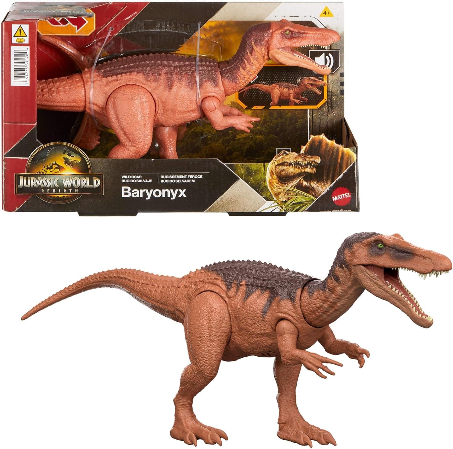 Mattel Jurassic World Baryonyx Wild Roar | Dinossauro articulado com ataque multi-direcional e sons controlados pela cauda