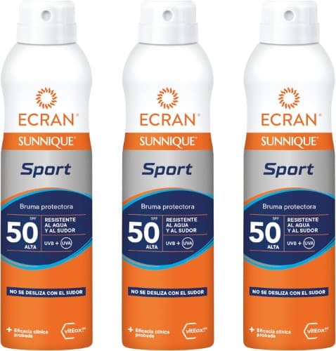 Ecran Sunnique Sport Bruma protetor solar SFP 50, proteção alta UVB, UVA, frescura instantânea, reforça as defesas, muito resistente à água, para todos os tipos de pele, 250 ml x 3