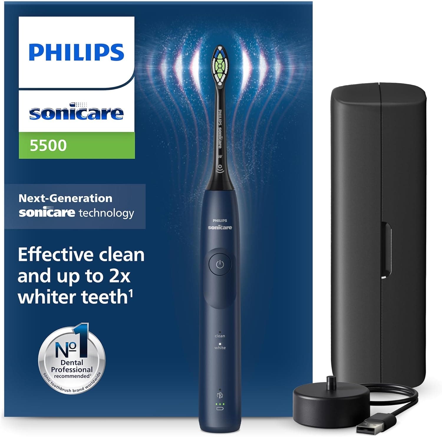 Philips Sonicare 5500 escova de dentes elétrica, sónica com 2 modos, alerta de pressão, EasyStart, SmarTimer e BrushPacer, azul-marinho, modelo HX7113/01 [nova tecnologia]