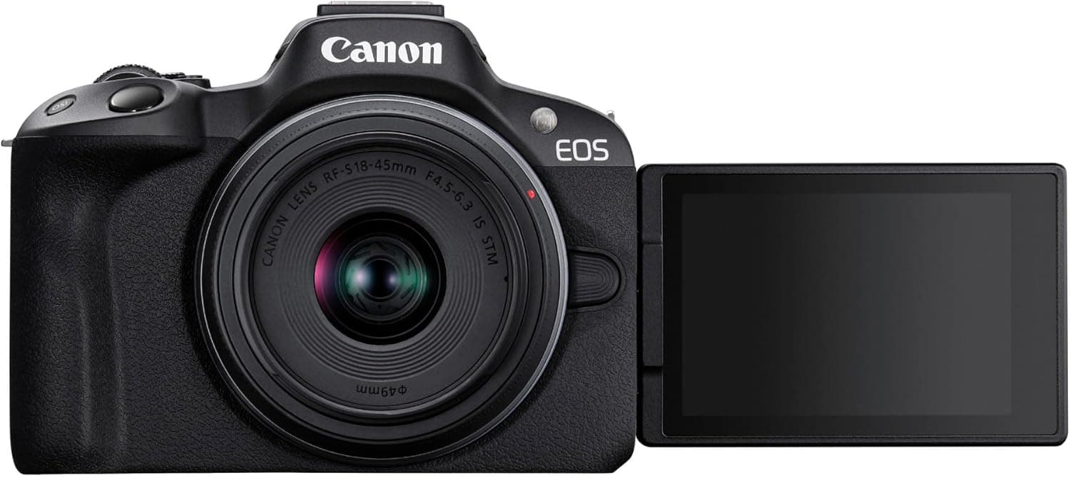 Canon EOS R50 Corpo câmara Mirrorless lente RF-S 18-45 mm F4,5-6,3 IS STM, câmara móvel APS-C (24,2 MP) -4 EV, vídeo 4K 30 fps, duplo pixel CMOS AF II, Pi P Ecrã táctil Ângulo variável, preto