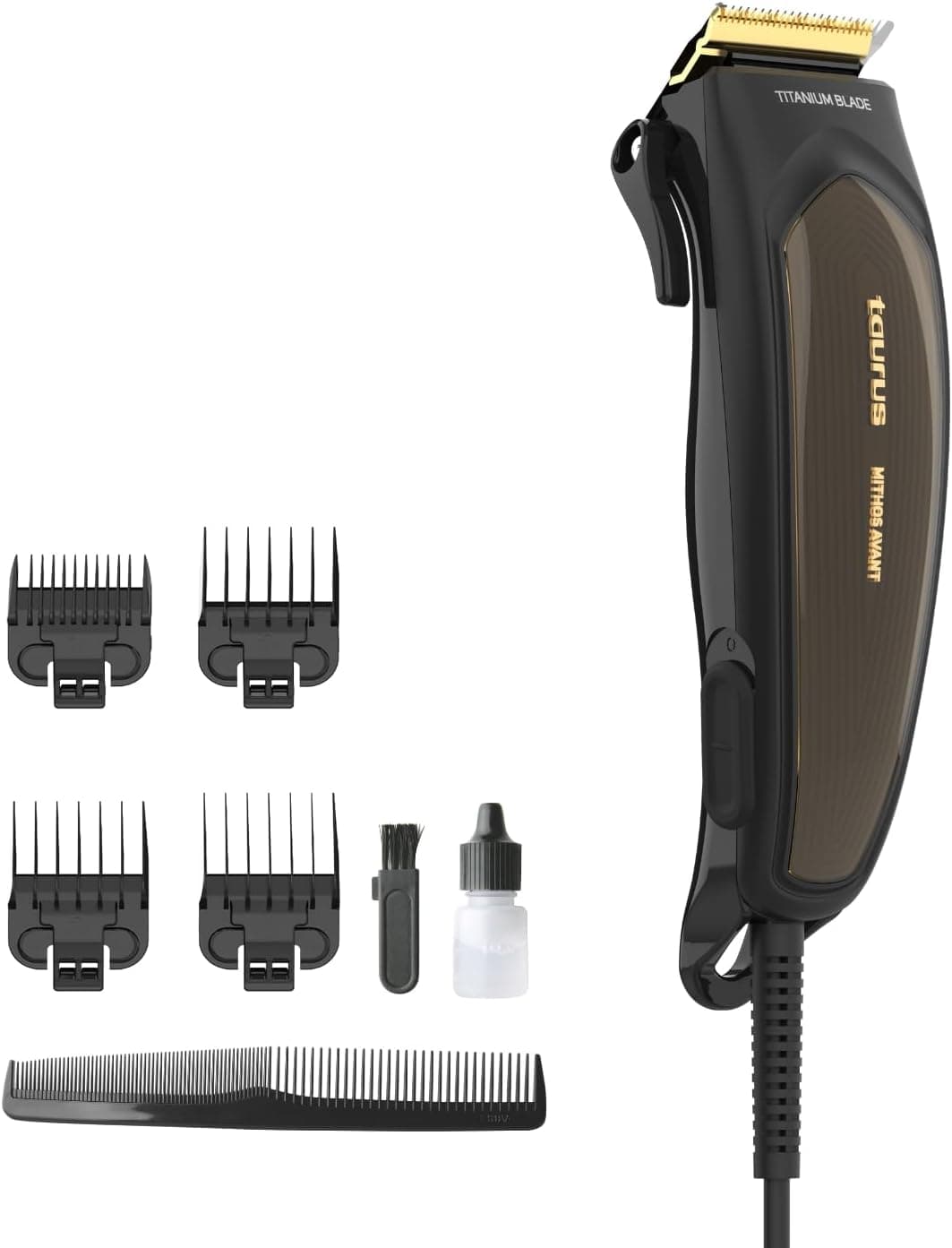Taurus - Máquina de cortar cabelo elétrica profissional Mithos Avant 6W | 4 pentes guia | lâminas de titânio | 10 altura de corte | motor AC 3000 rpm | Alavanca de ajuste | uso com cabo | acessórios de limpeza