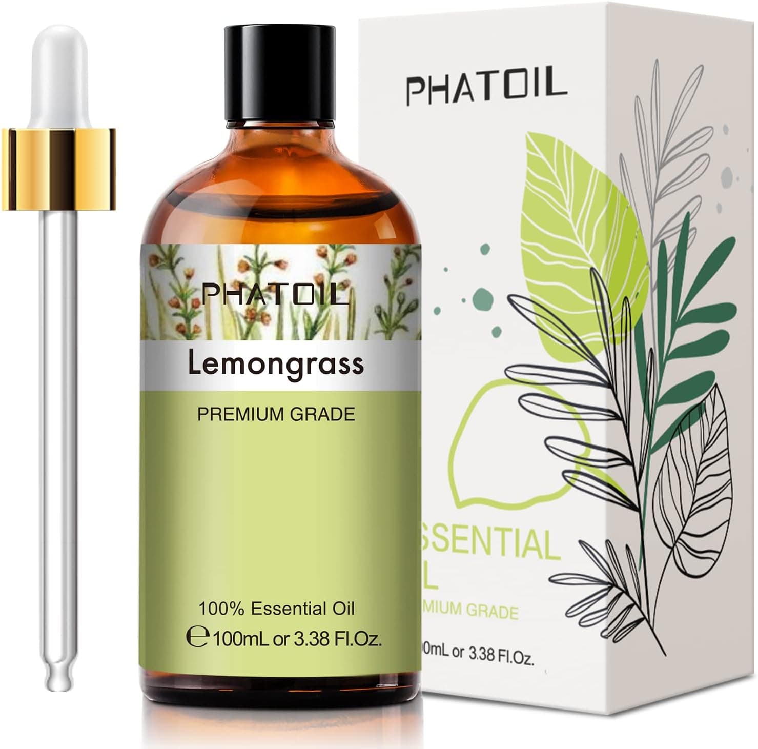 Óleos essenciais erva de limão 100 ml, PHATOIL óleo essencial 100 % natural puro para humidificador difusor de óleo essencial de Lemongrass aromaterapia grau terapêutico para sabão, massagem