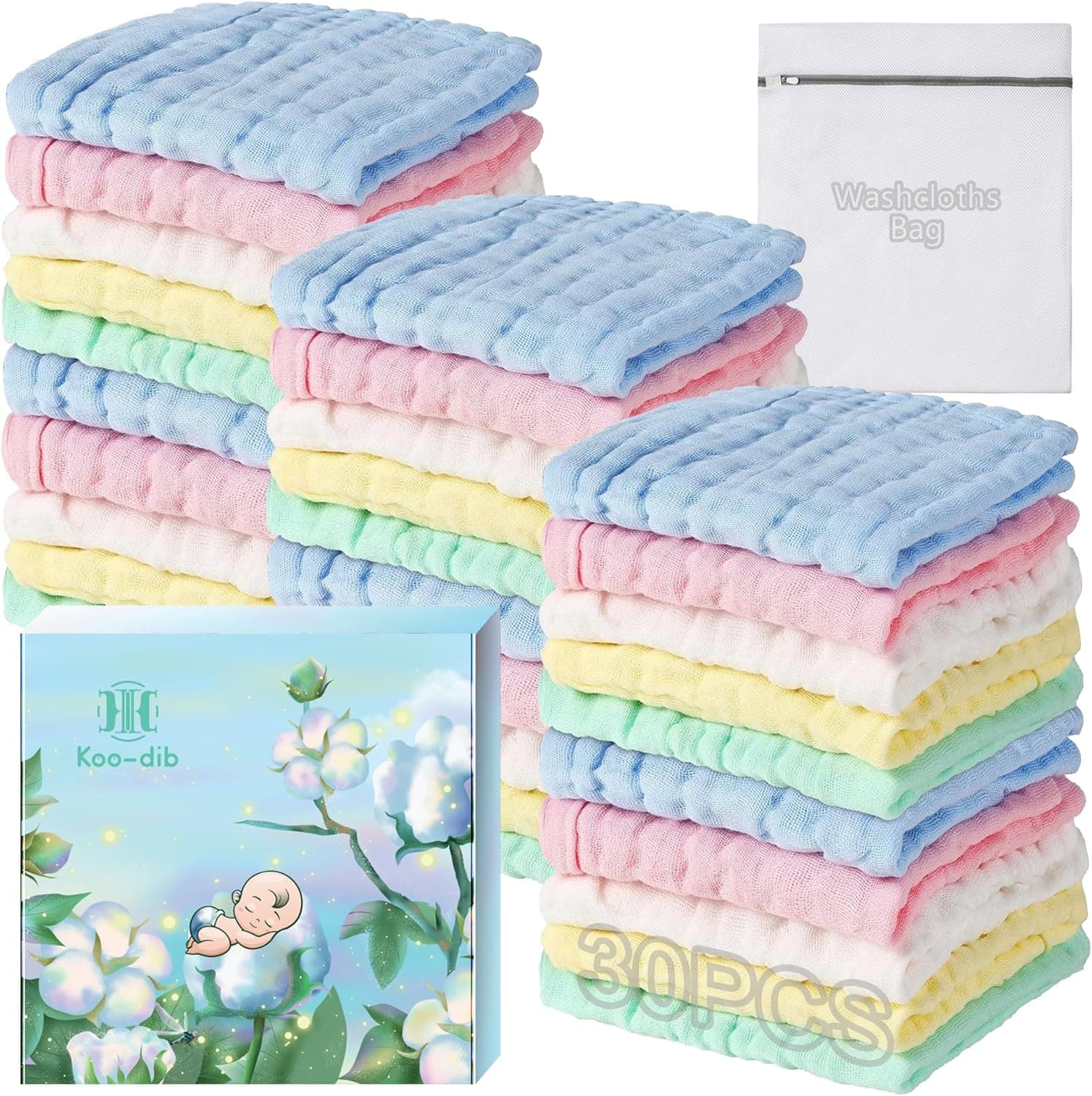 Muselinas de algodão para bebés, quadrados de muselina panos, muselinas de algodão para bebés recém-nascidos, toalha, casa de banho, recém-nascidos, 25 x 25 cm, pack de 30 (inclui saco de lavandaria )