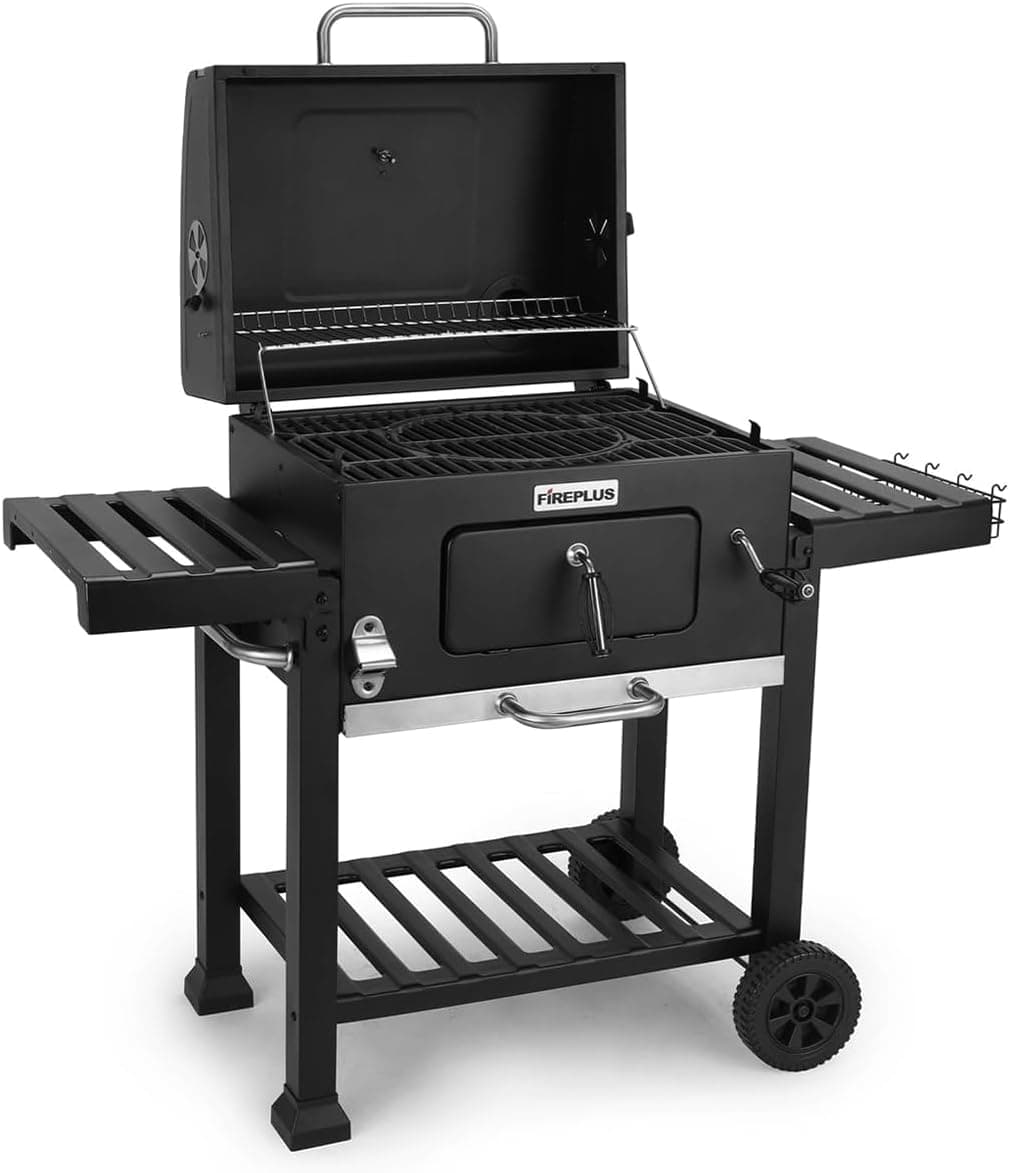 Amig - Churrasco Fireplus portátil de carbono | churrasqueira com rodas e bandejas laterais, sistema de ventilação e depósito de cinzas, grelha de aço de 57 x 42 cm, medidas: 116,5 x 13,1 x 56 cm