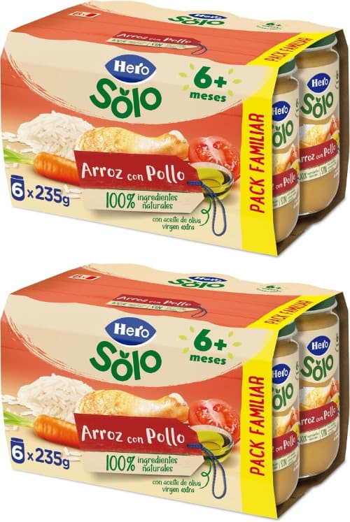 Hero Baby | Puré de arroz com frango para bebés a partir dos 6 meses, 100% ingredientes naturais, pack de 6 frascos de 235 g