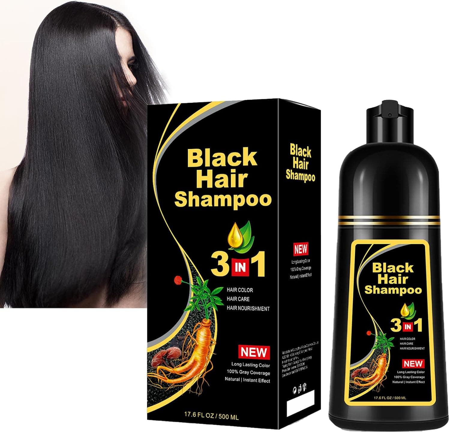 Pemarlis Shampoo Tinta Escuro Natural 500 ml, 3 em 1 champô instantâneo para tinta de cabelo, coloração de cabelo, preto instantâneo, natural para cobrir os canudos (2)