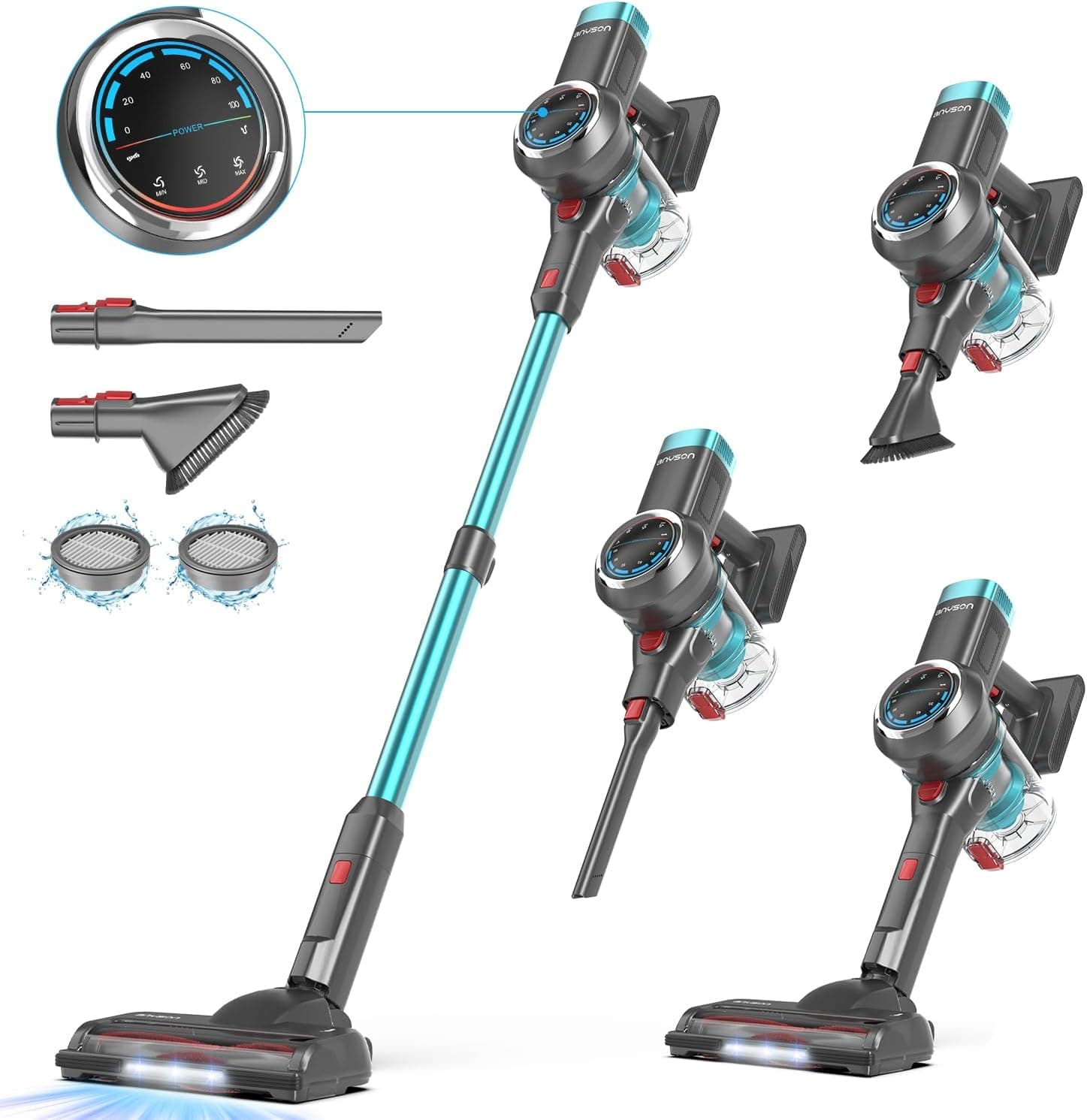 Anyson Aspirador com bateria, 550 W/45 KPa, sem fio, tempo de funcionamento de 60 minutos, design autoportante, aspirador com ecrã OLED e escova anti-emaranhados, aspirador para tapetes