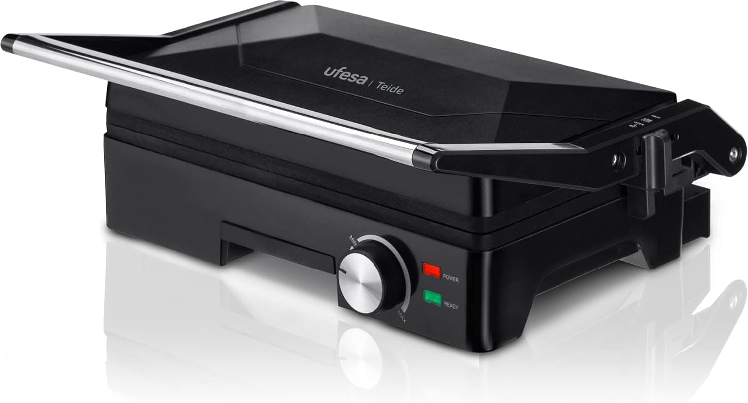 Ufesa Teide Torradeira elétrica, Panini Press Grill, 1600 W, placas anti-aderentes, abertura de 180º, regulador de temperatura, pega com toque frio, preto 