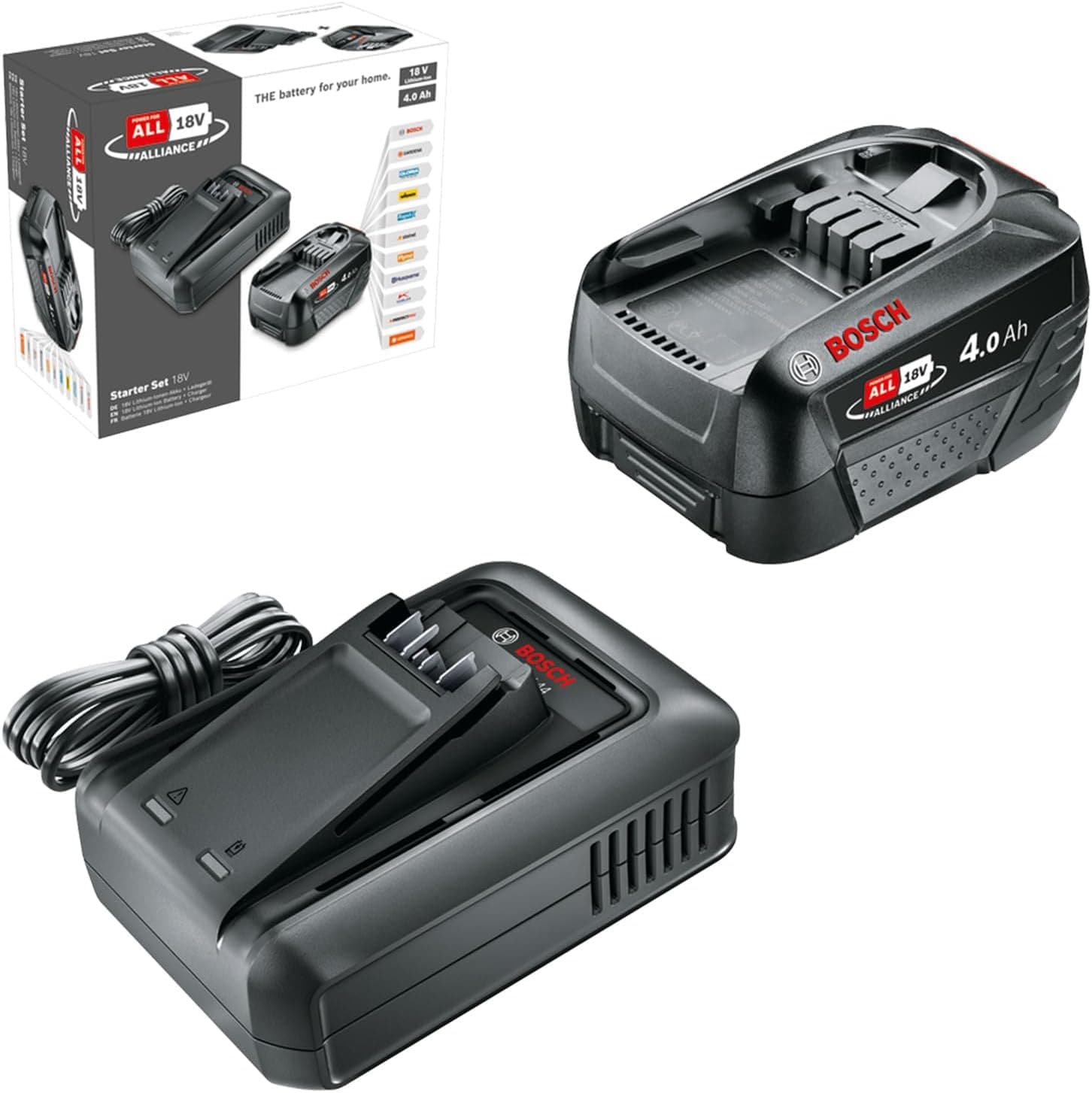Bosch Kit básico de bateria e carregador rápido Starter Set 18 V (1 bateria de lítio de 4,0 Ah; 1 carregador rápido; 18 V POWER FOR ALL Aliance)