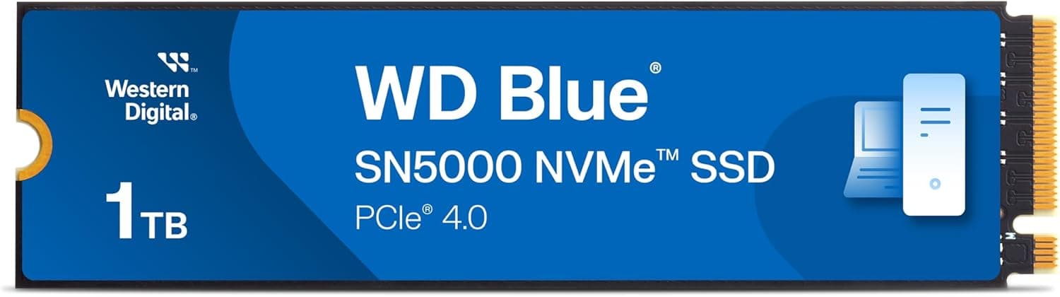 WD Blue SN5000 M.2 2280 NVMe SSD 1TB, disco rígido SSD com velocidade até 5150 MB/s, PCIe Gen4, nCache Technology, Acronis True Image migração de discos e clonação