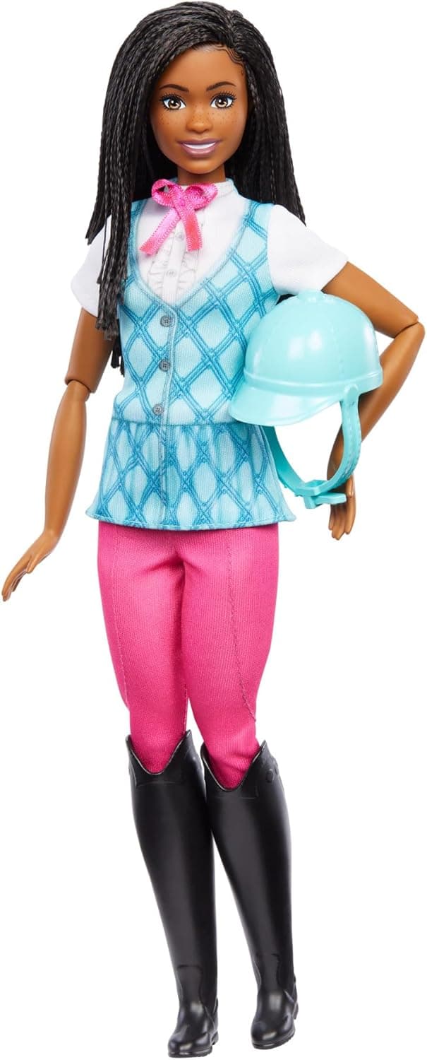 Barbie Mistérios: Em busca da égua perdida Brooklyn cavaleiro, boneca afro-americana vestido com roupa de equitação, calças rosa e capacete azul, inspirado na série, 3 anos, HXJ39