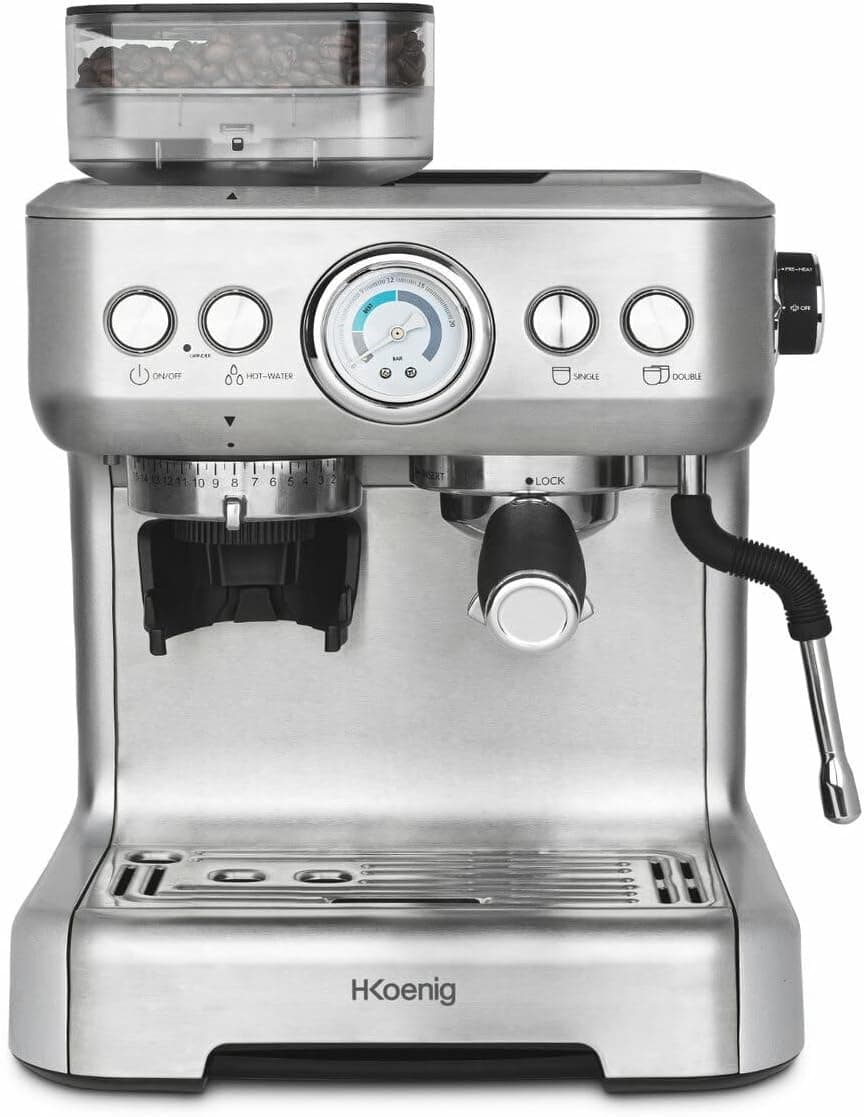 H.Koenig Máquina expressa com moedor EXPRO980, 2,7 l, reservo de 250 g, 15 grind sizes, bomba italiana, dose personalizável para 1 ou 2 cups, Thermoblock, Pressure 20 bars