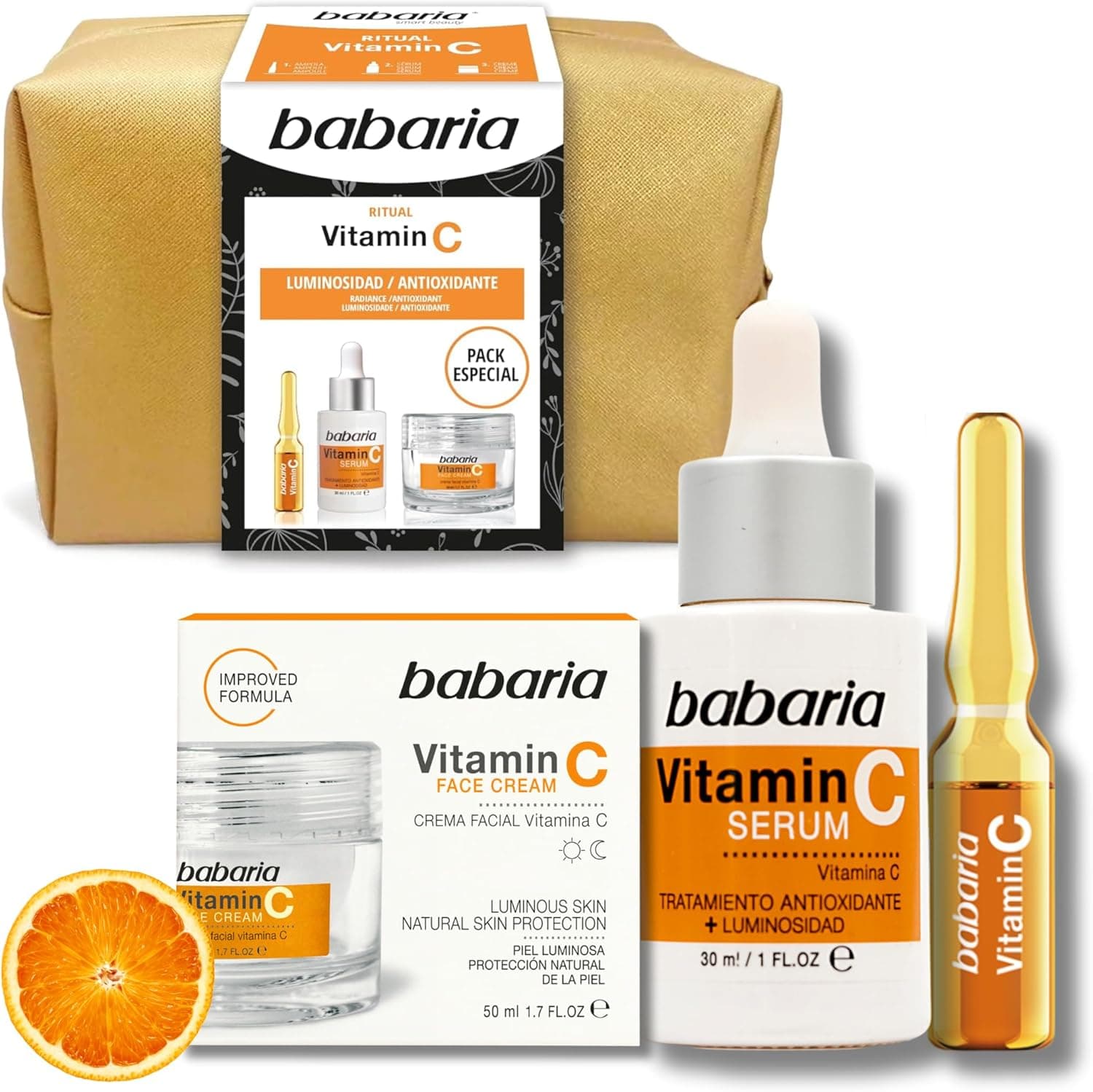 Babaria - Pacote de cremes faciais para mulher, vitamina C, pacote de presente, inclui bolha facial de 2 ml, vitamina C 30 ml e creme facial de 50 ml, hidratante e iluminação, antioxidante 