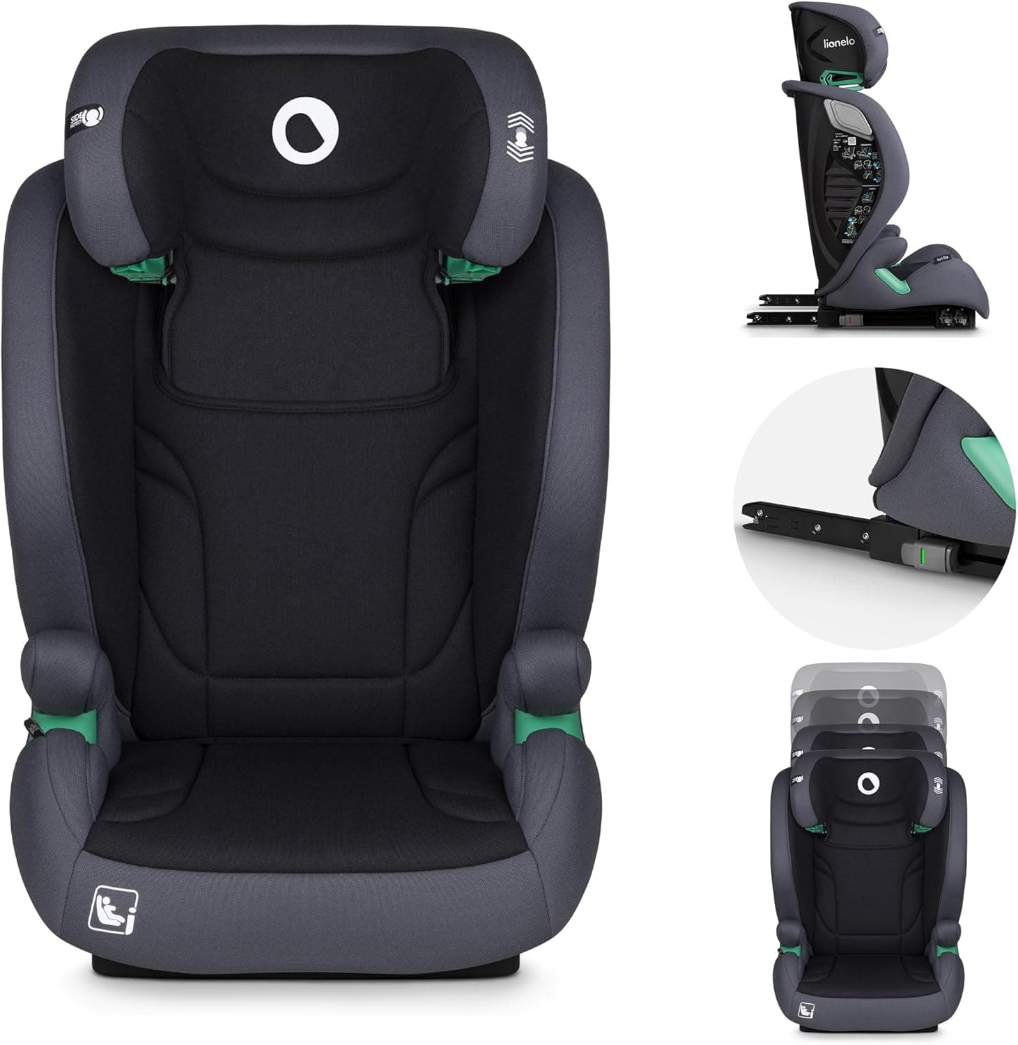 LIONELO IGO I-size Assento infantil para carro, grupo 2, 3, 100-150 cm ISOFIX ou fixação frontal sem correia, encosto e encosto de cabeça ajustáveis com encosto removível de espuma viscoelástica