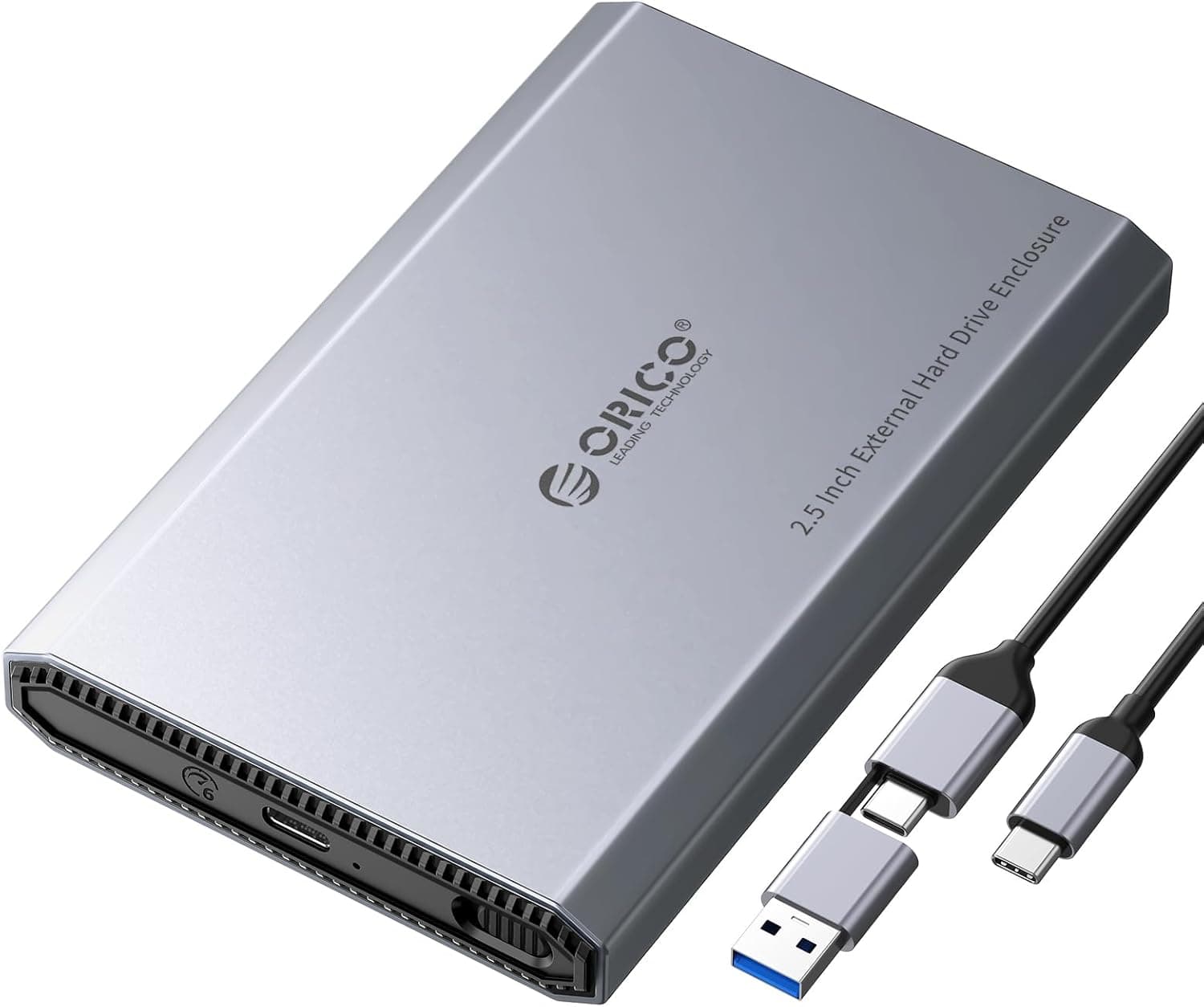 ORICO DD25C3 | Caixa externa em alumínio para discos HDD ou SSD SATA de 2,5 pol. com ligação USB-C 3.2 e cabo 2 em 1