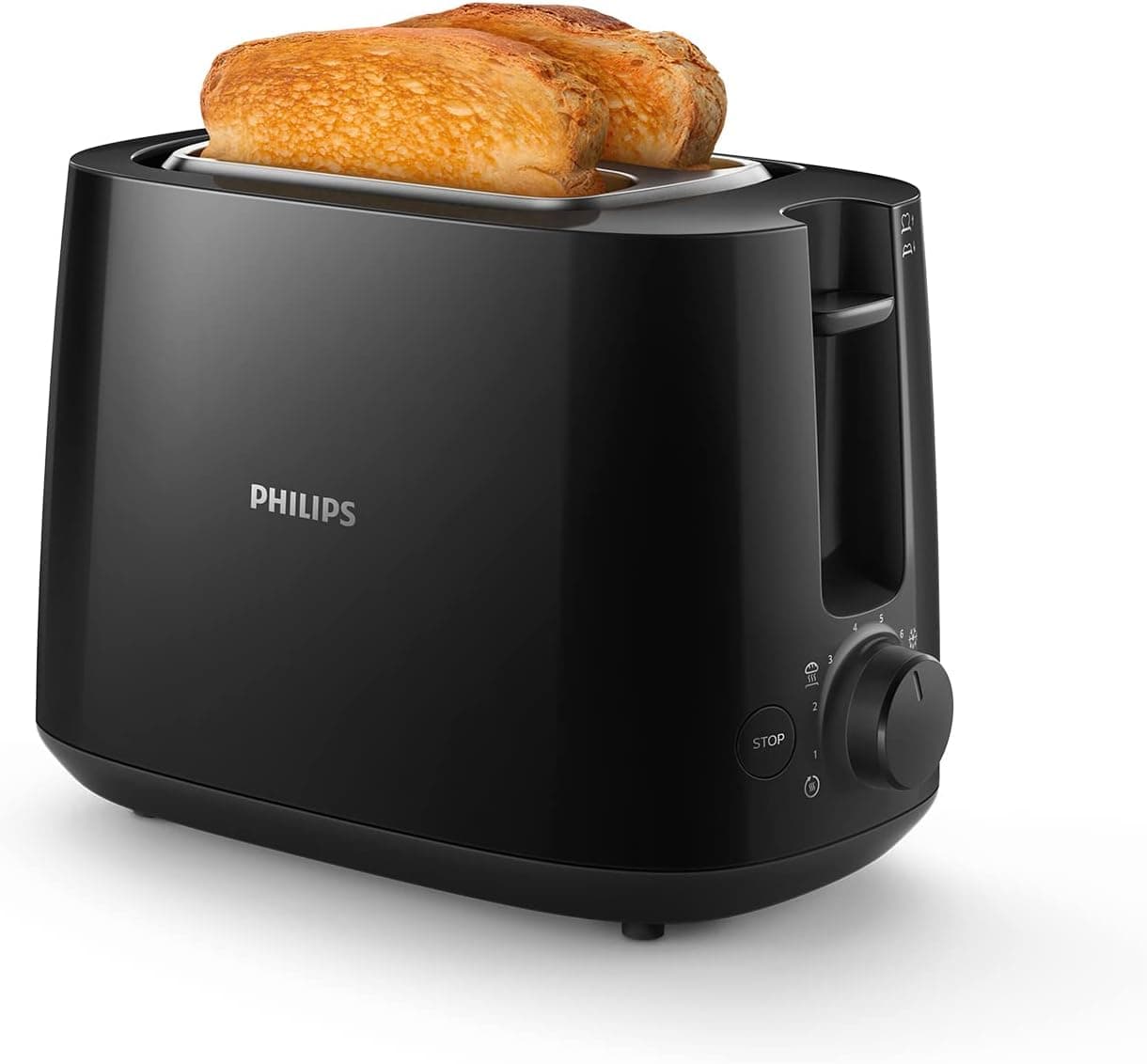 Philips Torradeira, 2 ranhuras, 8 ajustes, grelha aquecida, descongelação, elevação alta, desligamento automático, preto (HD2581/90)