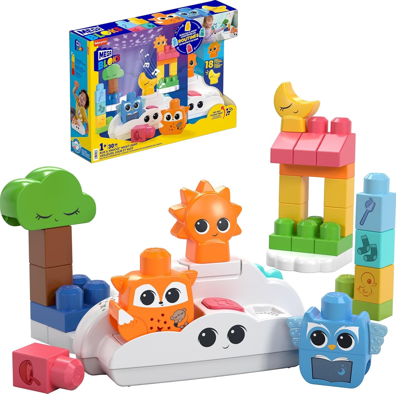 Mega Bloks levantar-se e adormecer candeeiro de noite com luz limpa-medos, brinquedo de blocos de construção com luzes e som, para bebé + 1 ano (HTH43)