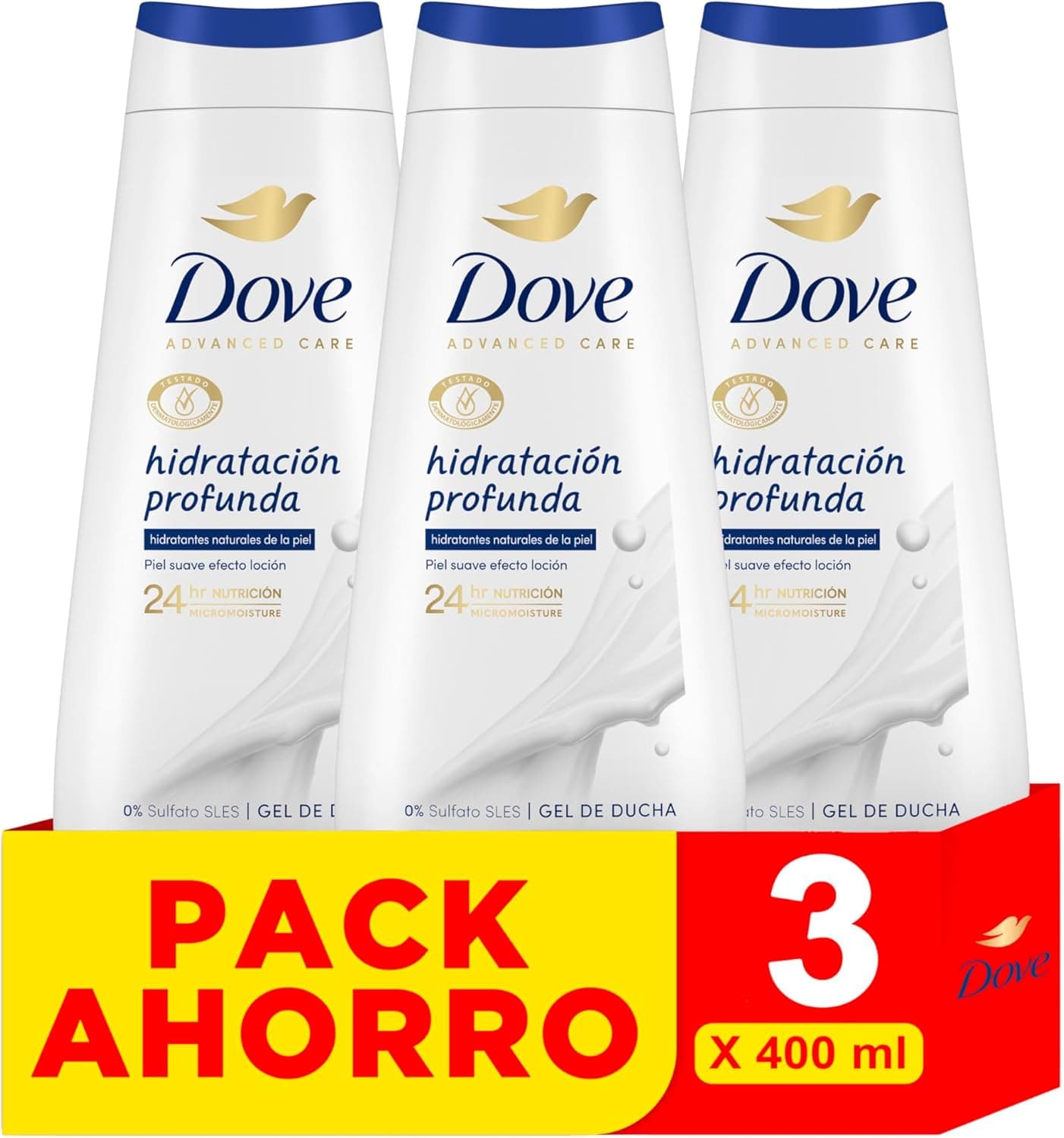 Dove Advanced Care gel de duche hidratação profunda hidratante natural, 3 x 400 ml