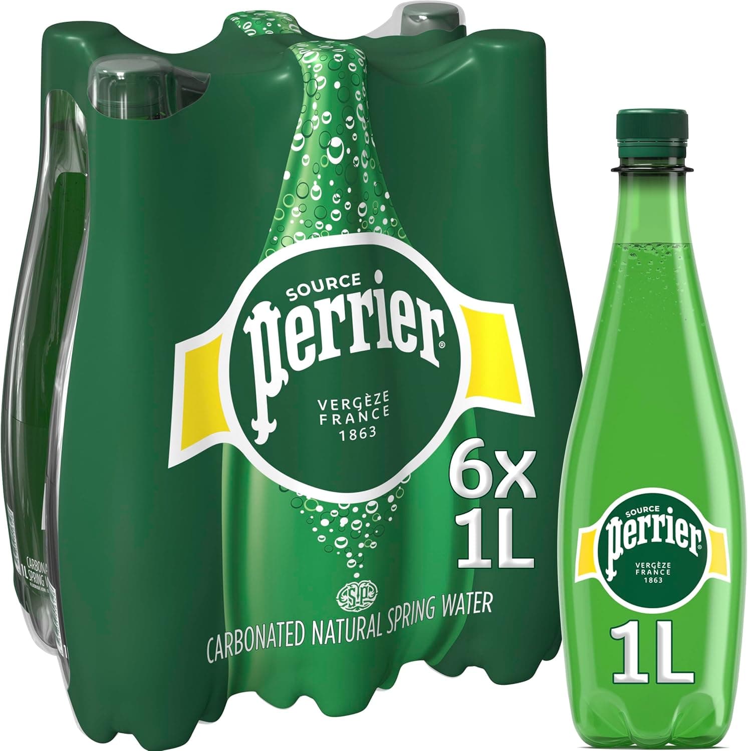 Perrier Água mineral natural a gás - pacote de 6 garrafas de plástico de 1 l - total: 6 L