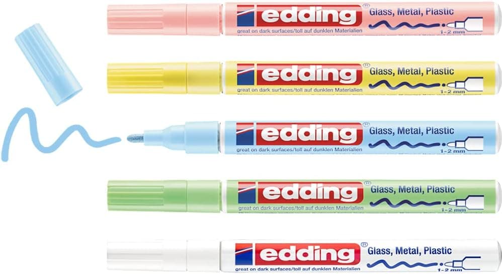 edding 751 Marcador de tinta opaca brilhante - branco, amarelo, verde, rosa, azul (pastel) - 5 marcadores - ponta redonda 1-2 mm - para vidro, pedras, madeira, plástico, papel - cor permanente