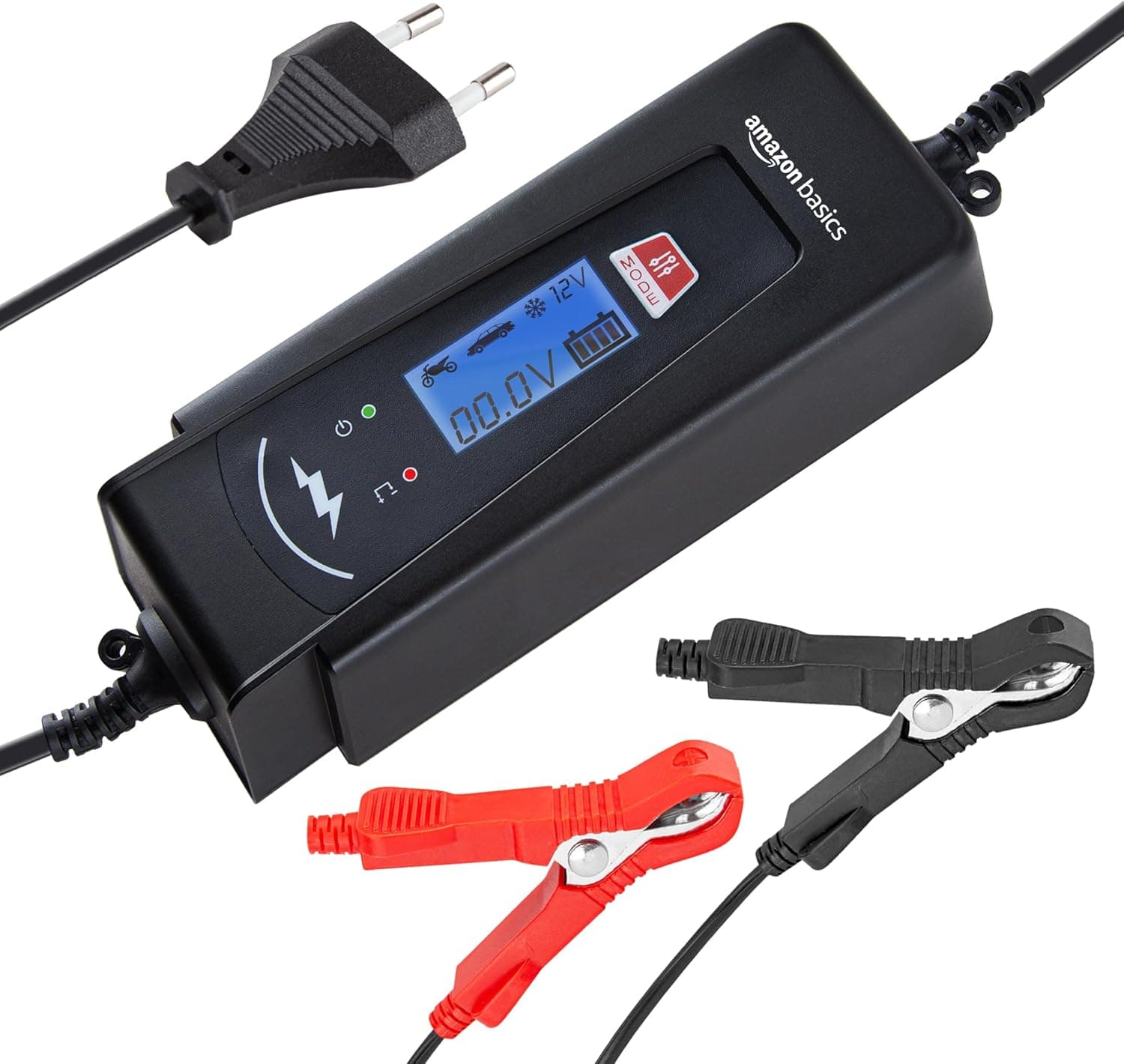 Amazon Basics Carregador de bateria inteligente automático com função de testador de bateria, tomada UE, saída: 2A/4A, 6 V / 12 V CC, preto