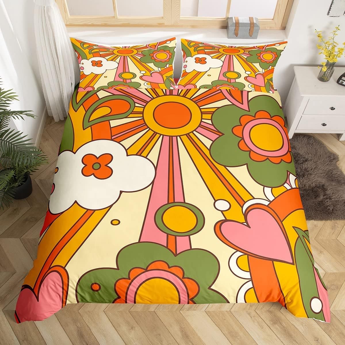 Homewish | Capa de edredão 220 x 240 cm multicolorida com estampado boémio floral e corações, conjunto para cama de casal