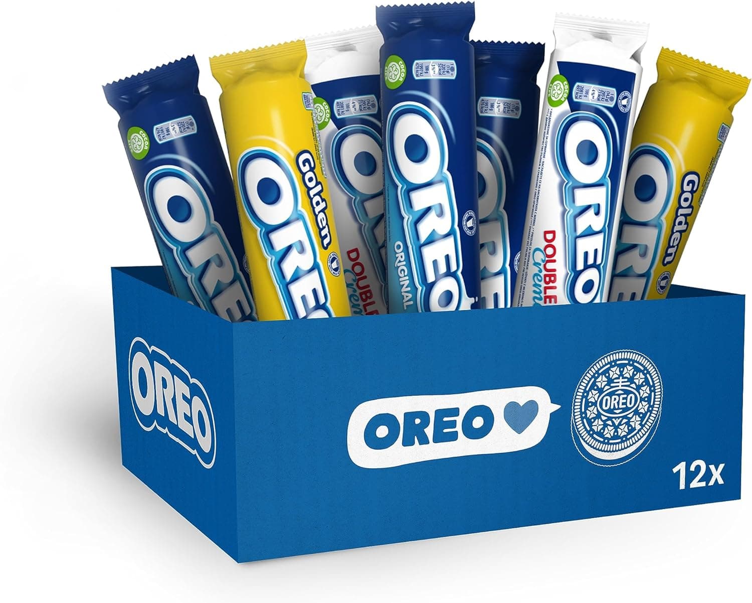 Caixa OREO, sortida com pacotes de 3 sabores diferentes: 6 pacotes de OREO original, 3 de OREO dourado e 3 de OREO duplo creme, 12 embalagens no total, perfeitas para partilhar