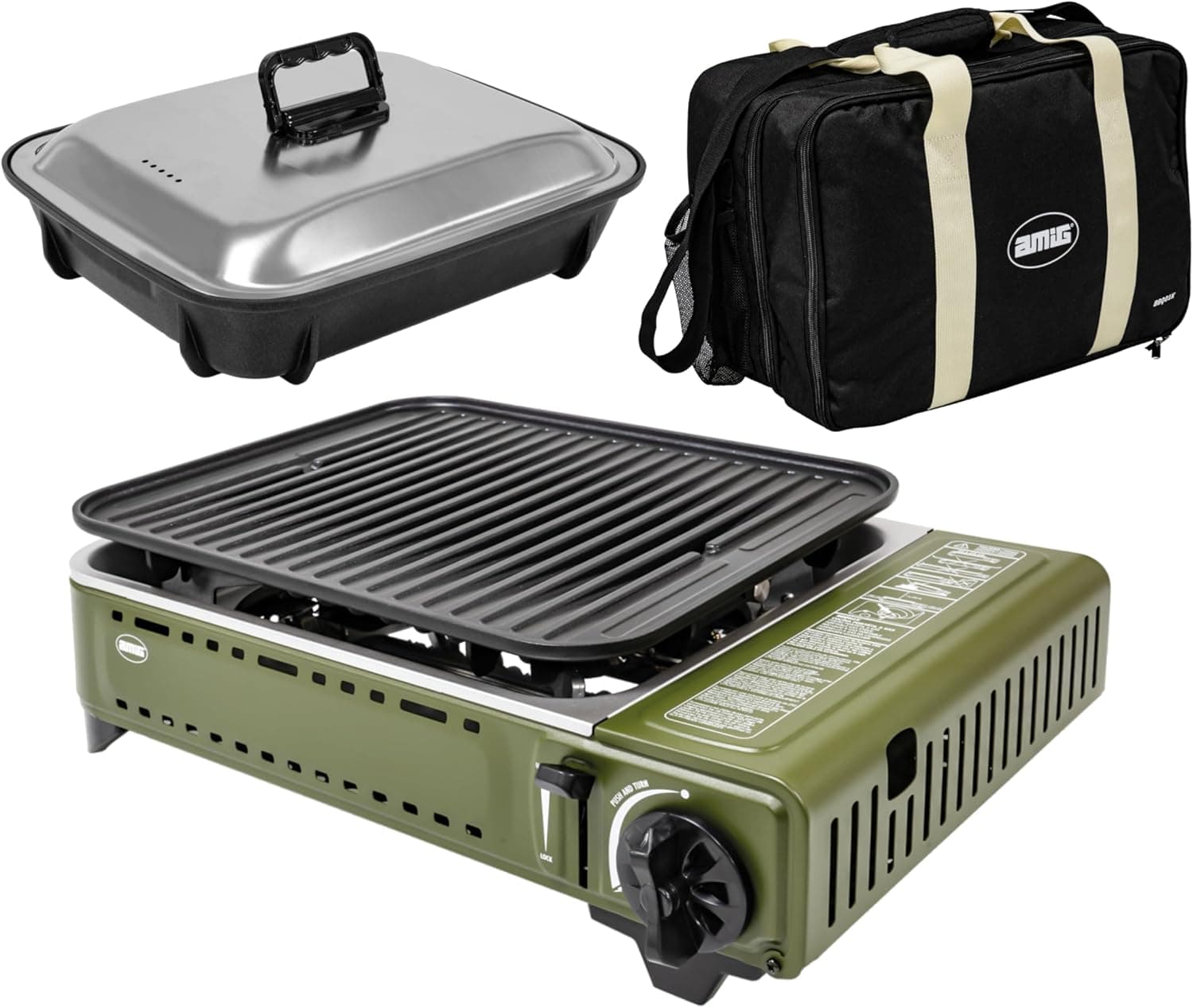 Amig - Camping Gas | Cozinha portátil, Kit de parafuso Grill, grelha de alumínio ferro com tampa de cozinha, com bandeja recolhe gorduras de aço inoxidável, 1,8 Kw potência