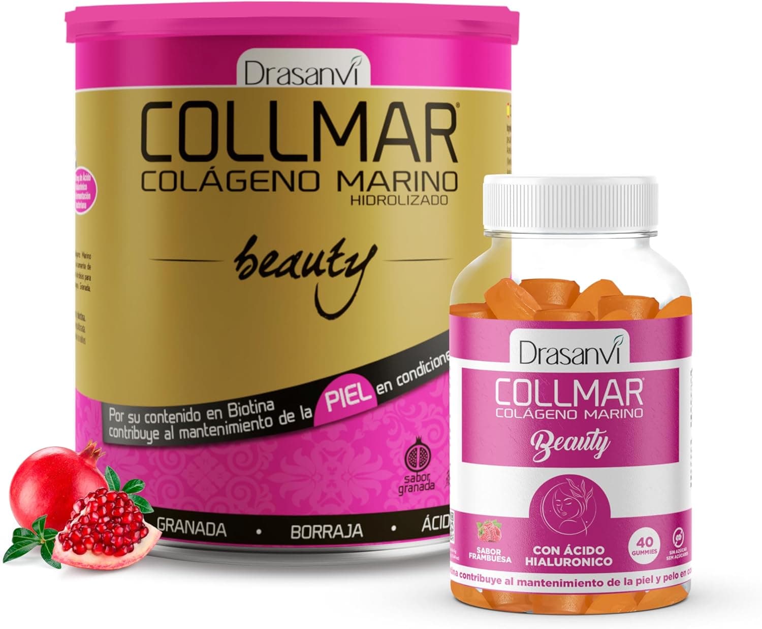 Drasanvi Collmar Beauty Pack | Colagénio marinho hidrolisado em pó sabor romã 275 g e gomas multivitamínicas com coenzima Q10 para beleza e hidratação da pele