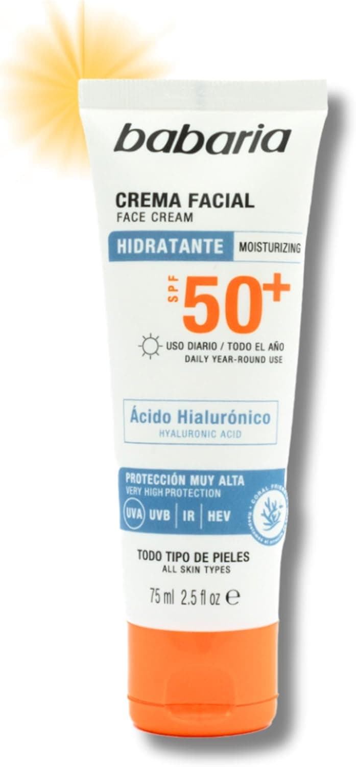 Babaria - Creme facial com ácido hial50 | Creme hidratante com proteção solar, anti-rugas e antimanchas, mulher e homem