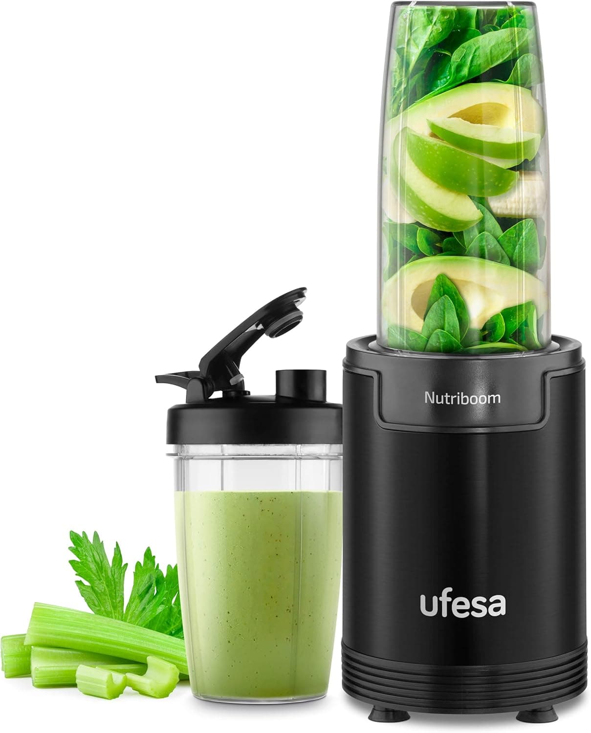 Ufesa BS2500 Nutriboom Liquidificadora de copo individual, extrator de nutrientes multifuncional, potência de 900 W, batidos e smoothies, inclui 6 acessórios