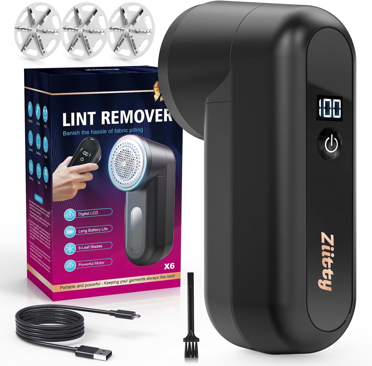 Ziitty Removedor de borbotos elétrico roupa - remove bolas da roupa, ecrã LCD, carregamento por tipo C, 6 folhas, lâmina de tira-borbotos recarregável potente e eficiente para roupas e móveis preto