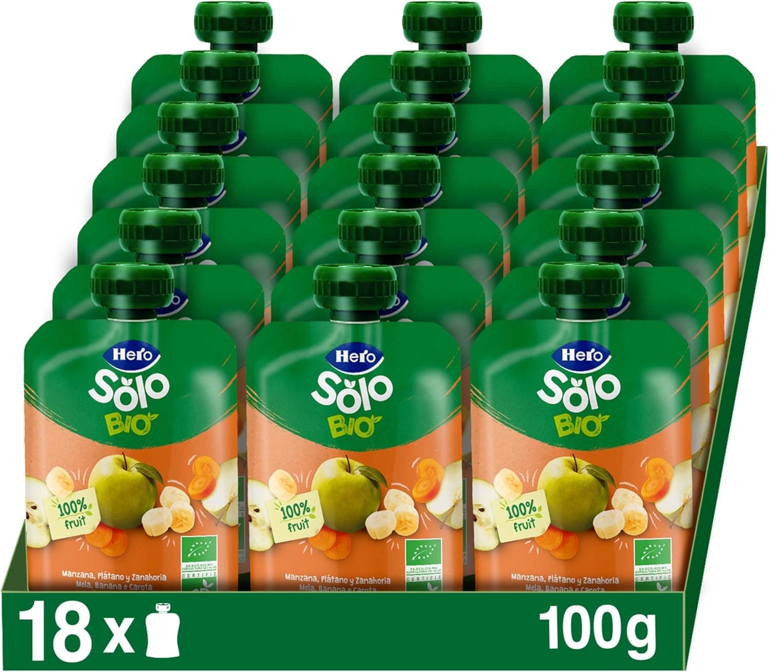 Solo Organic | Puré de maçã, banana e cenoura biológico para bebés a partir dos 4 meses, 18 x 100 g