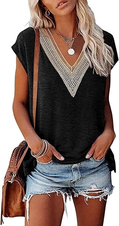Ranphee T-shirt feminina com renda curta, decote em V