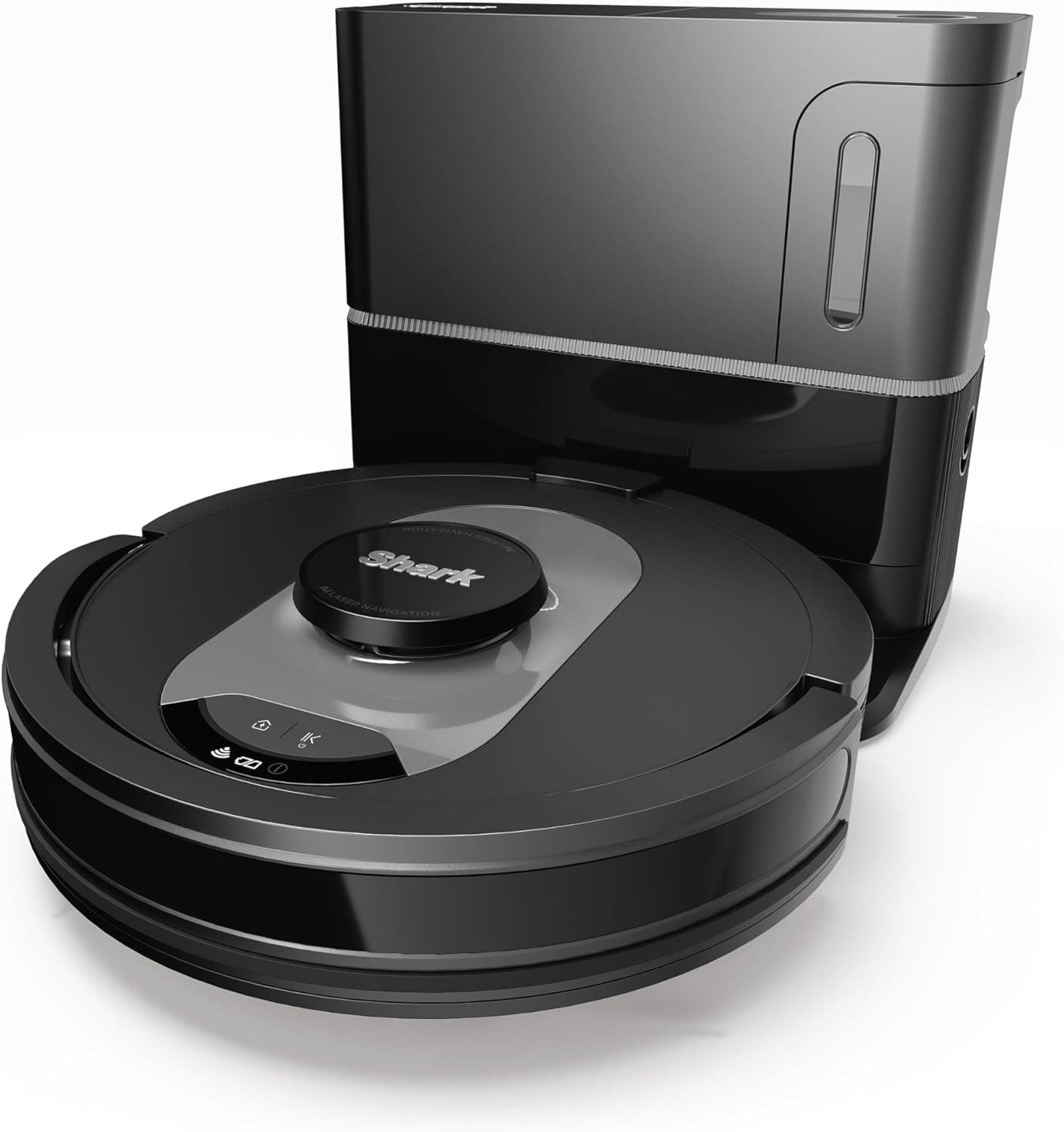 Shark PowerDetect Robot Aspirador, esvaziamento automático, navegação 3D e LiDAR, base antialérgenos, tecnologia NeverStuck, para tapetes, pisos e pêlos de animais de estimação, WiFi/Alexa, preto