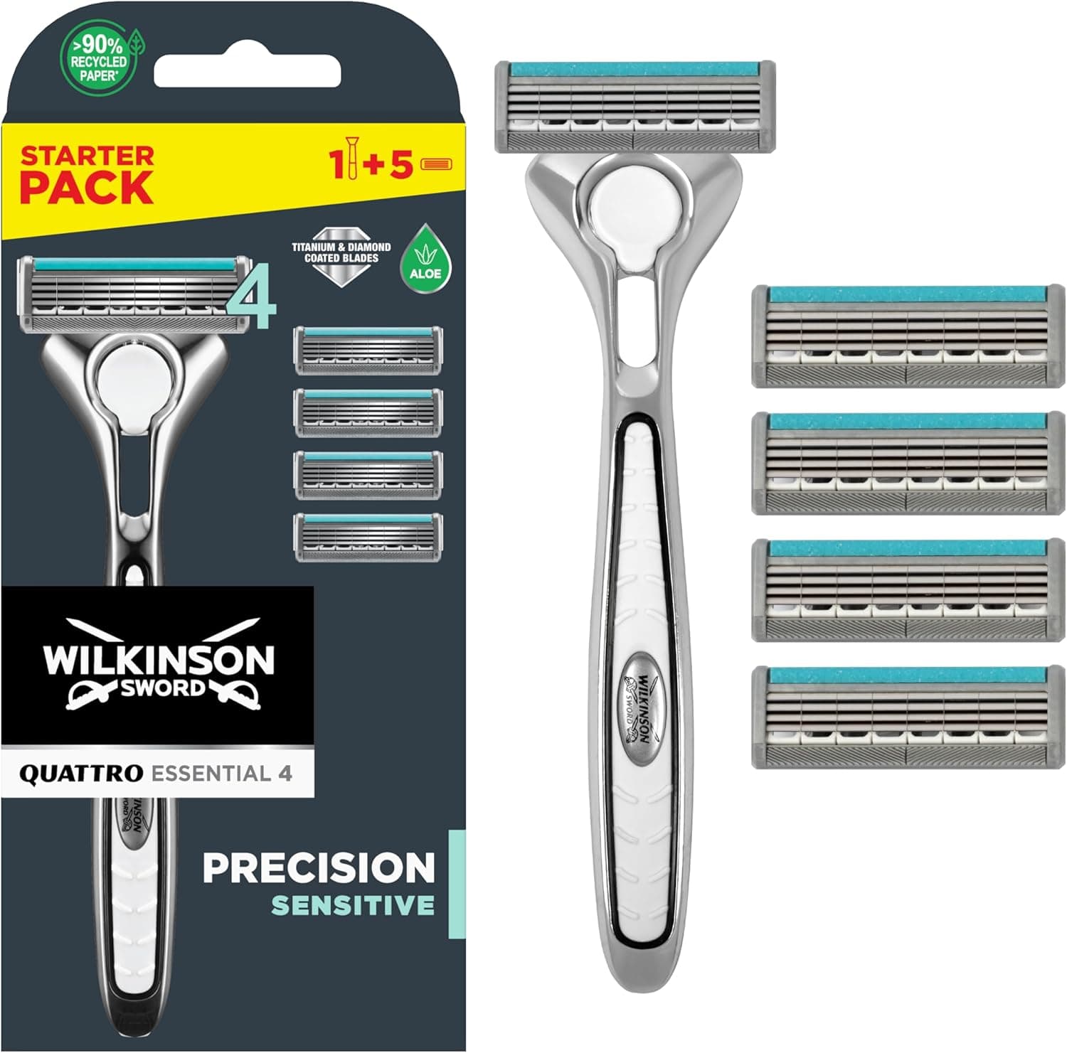 Wilkinson Sword Quattro Titanium Sensitive | Máquina de barbear para homem com 6 lâminas de precisão