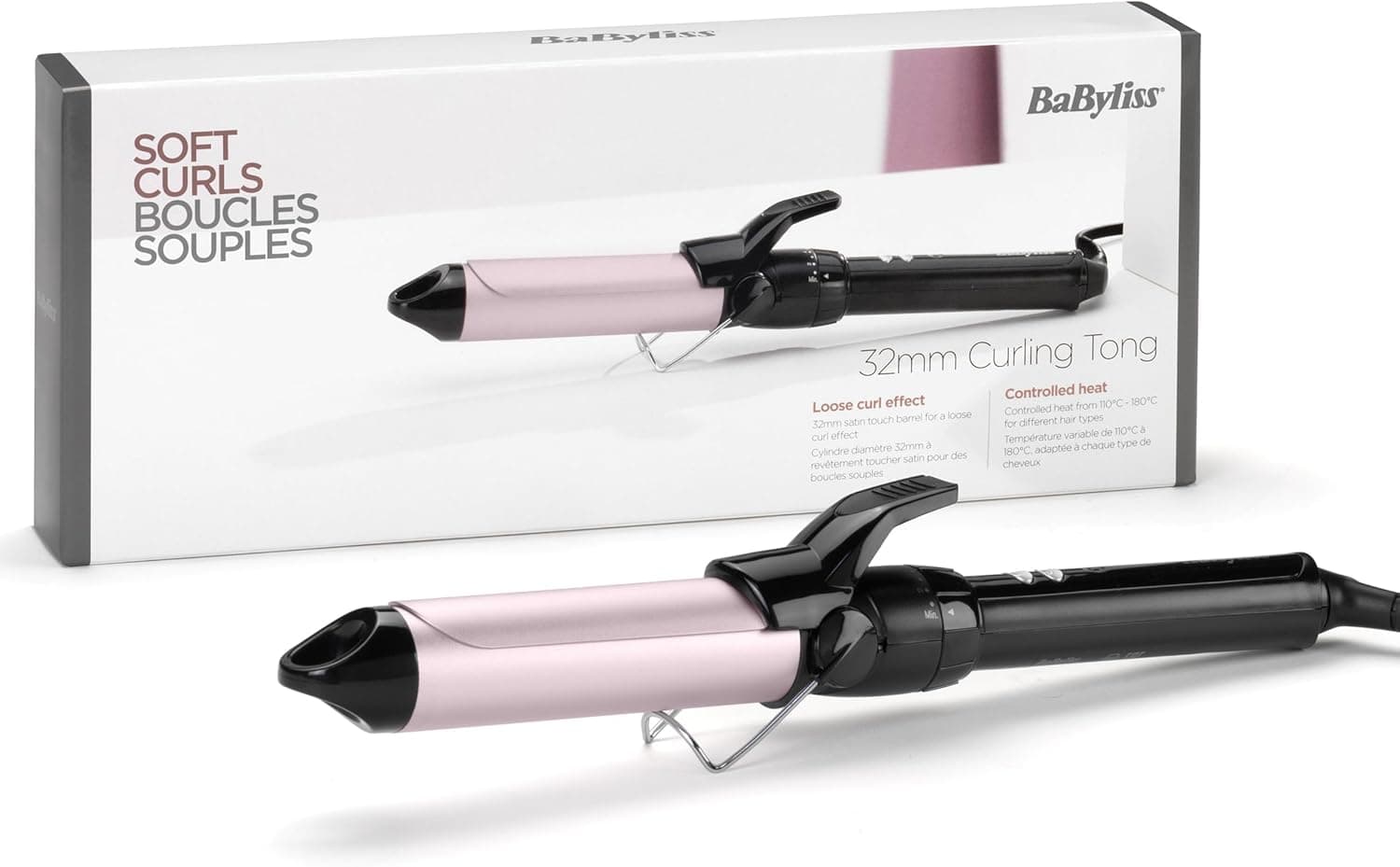 BaByliss Tenacilha 32 mm, modelador de cabelo, barril Pro Satin Touch, 10 configurações de temperatura, aquecimento rápido, caracóis sem frisar, ondas duráveis, suporte integrado, preto e rosa, C332E