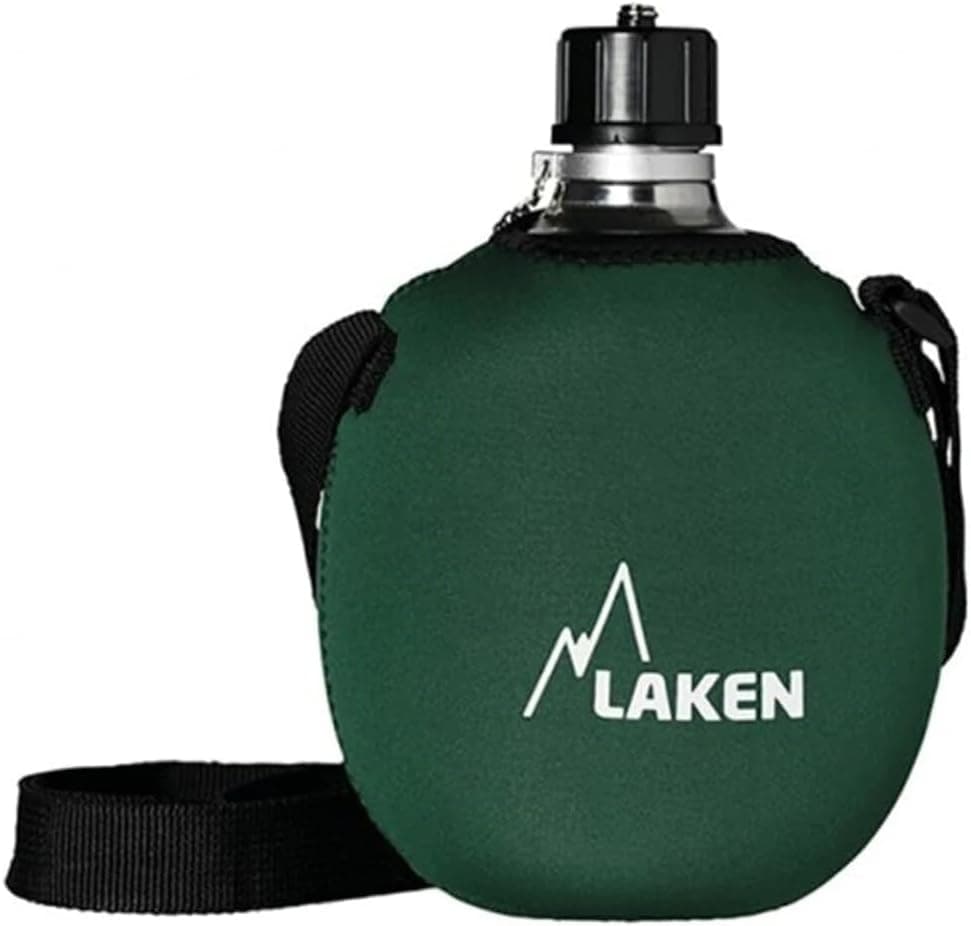 LAKEN Cantimplora de alumínio com capa de neopreno, (1 L - verde, vermelho, azul) - chinelos pendurados - ideais para desporto, montanha e militares