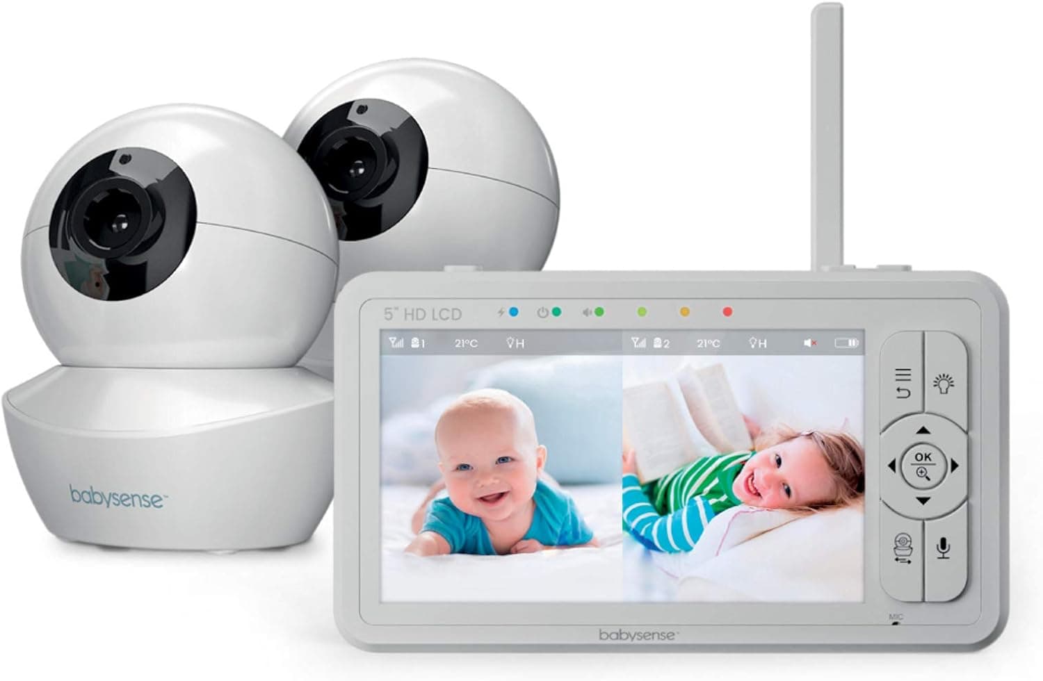 Babysense Monitor de bebé de ecrã dividido HD de 5", monitor de bebé com 2 câmaras HD com luz noturna, alcance de 300 m, áudio bidirecional, zoom 4X, visão noturna, bateria de 4000 mAh