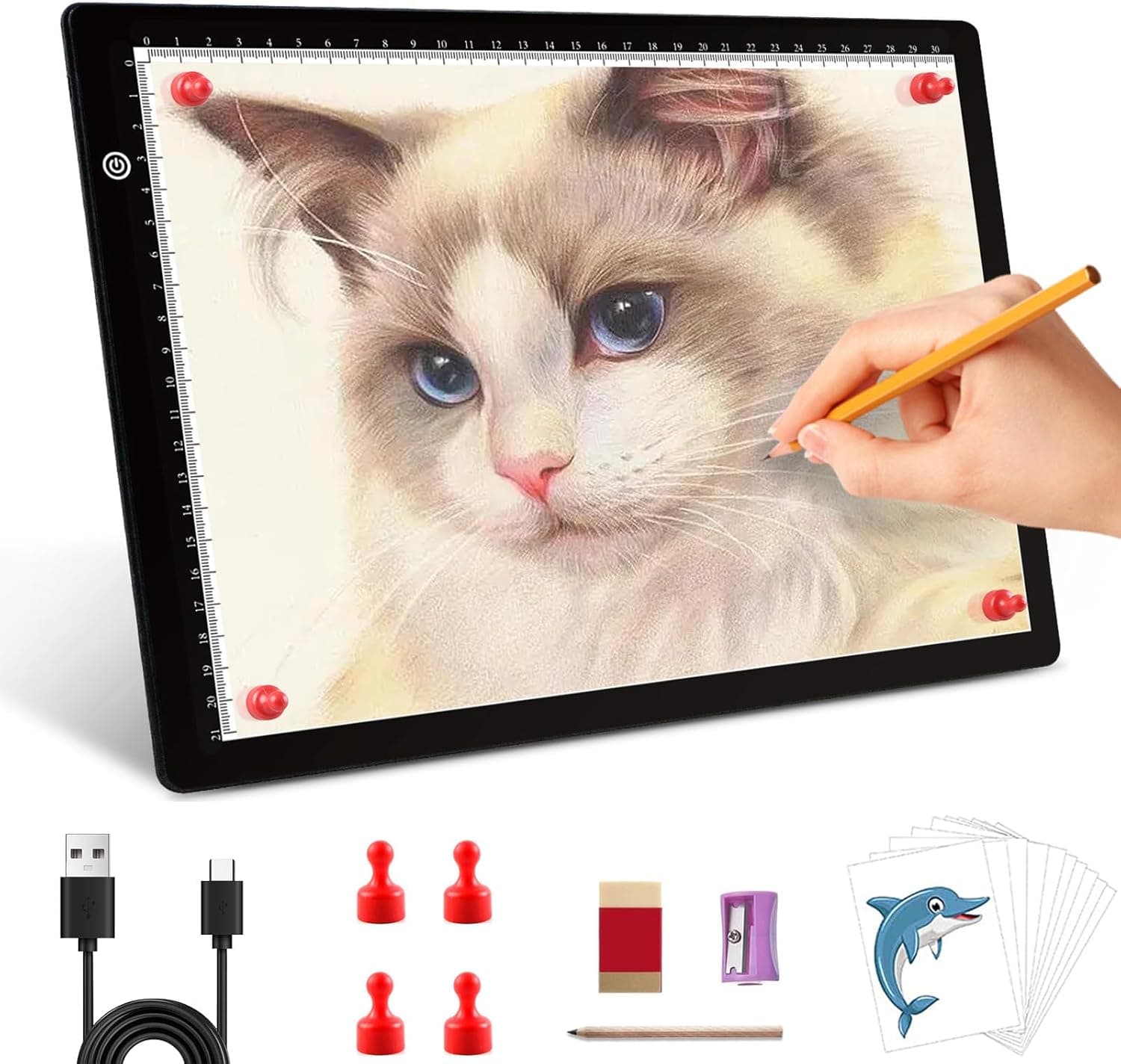 Mesa de luz A4, placa de luz magnética A4, almofada de luz LED regulável para crianças e adultos com desenho e cabo USB tipo C para desenhar, pintar com diamantes, desenhar, tatuar, ver raios X