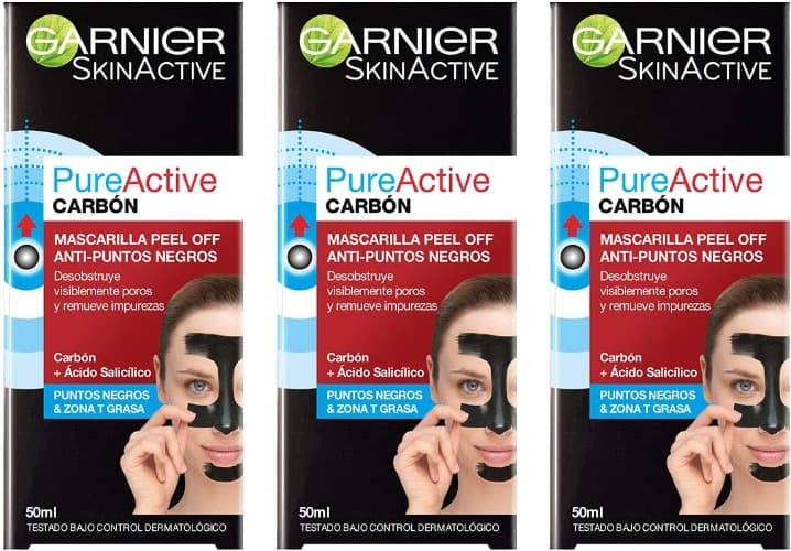 GARNIER Skin Active PureActive - Máscara preta de pele Off com carbono e ácido salcílico anti-pontos pretos, espinhas e poros do nariz, 50 ml x 3