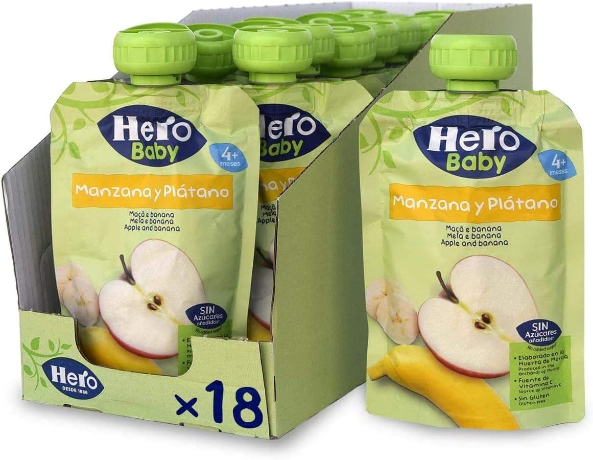  Hero Baby - Sacos de frutas com maçã e banana, sem conservantes nem corantes, óleo de palma, glúten, nem açúcares adicionados, para bebés a partir dos 4 meses, embalagem de 18 x 100 g